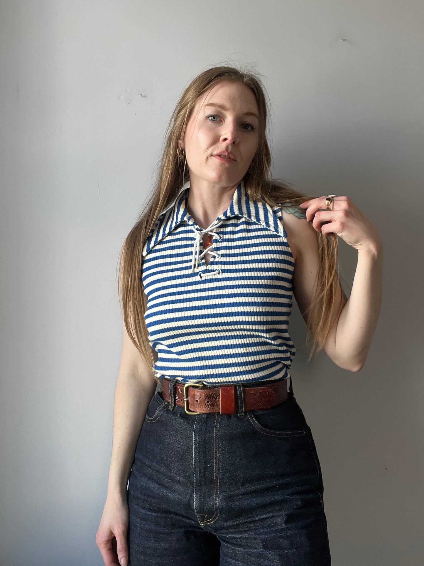 1950s Jantzen Lace Up Striped Blue Top M