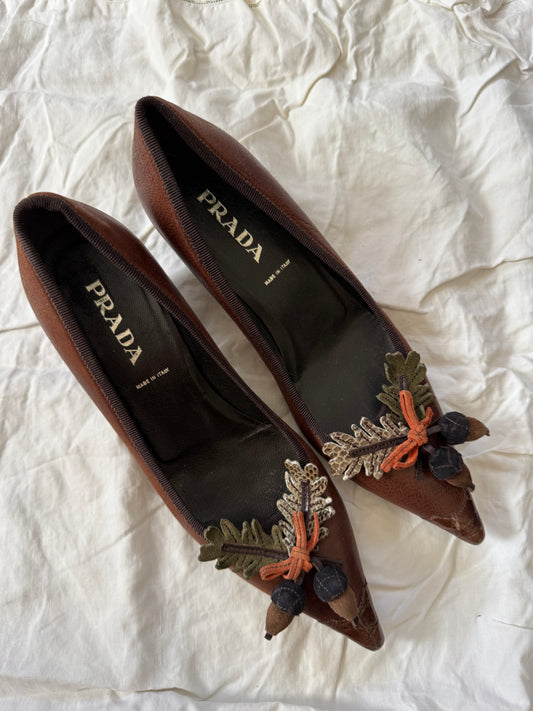 Vintage Brown Prada Leather Kitten Heels with Acorns and Oak Leaves 36