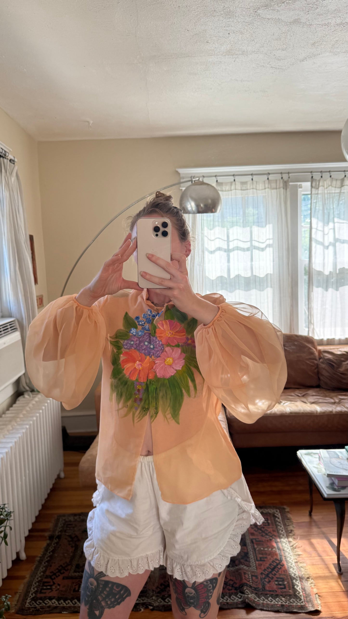 Silk Chiffon Hand Painted Blouse with Balloon Sleeves