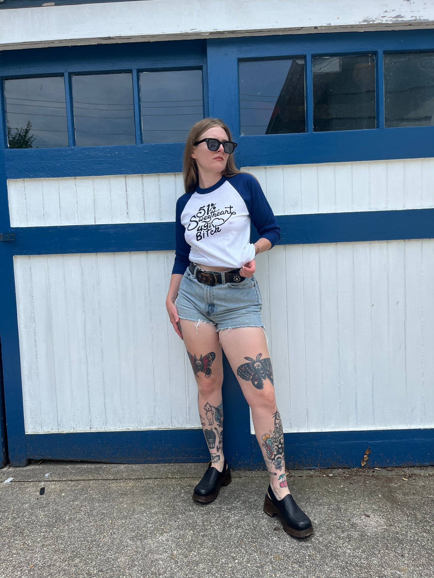 51% Sweetheart 49% Bitch Blue Raglan Tee S/M