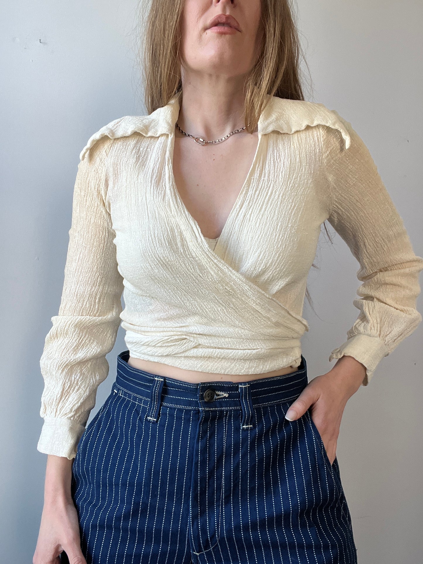 1970s Gauzy Cotton Ivory Wrap Blouse