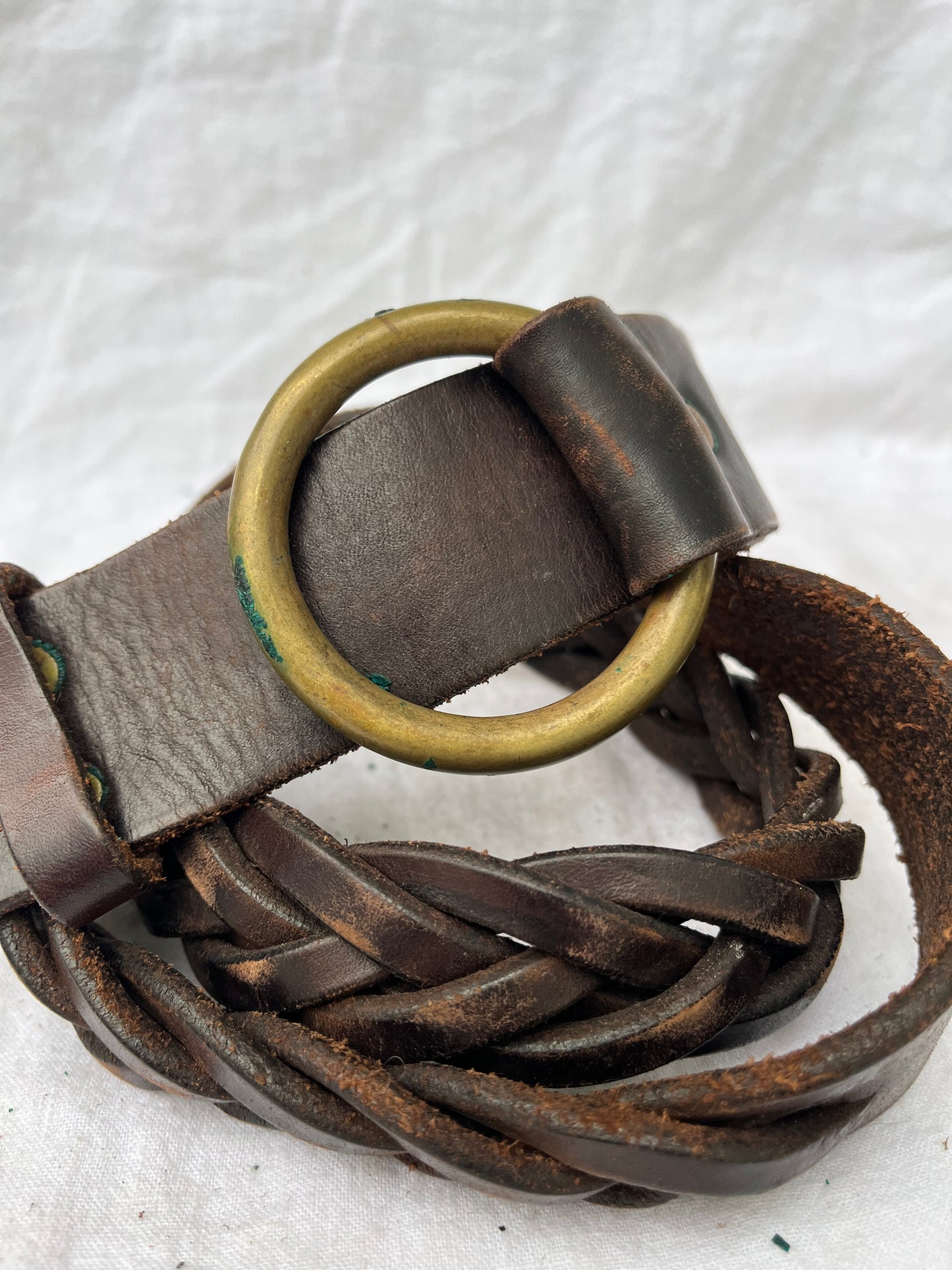 Double RL Ralph Lauren Brown Leather Braided Ring Belt 30”-40”