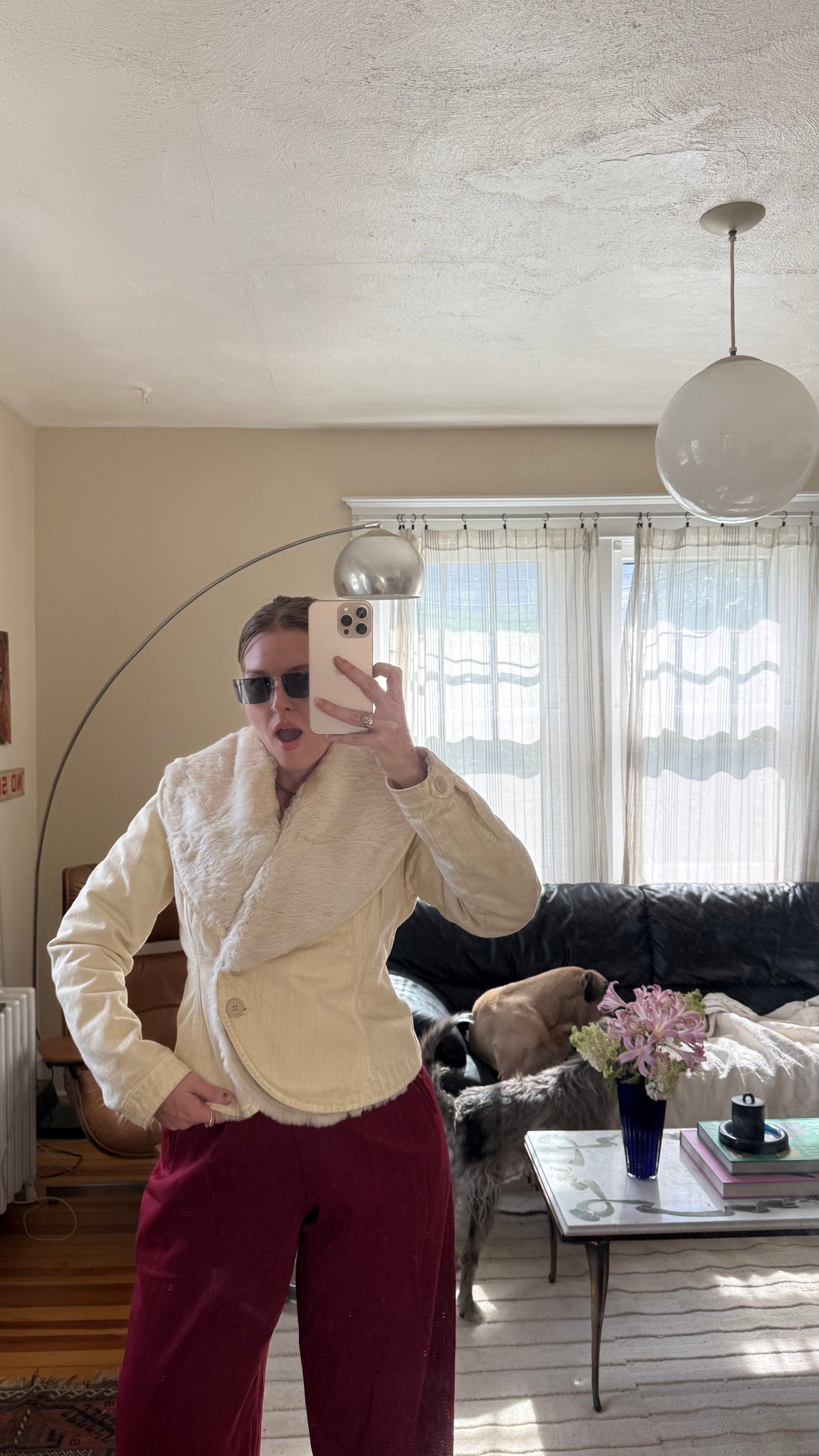 Y2K White DKNY Genuine Fur Shawl Jacket with Fur Lining