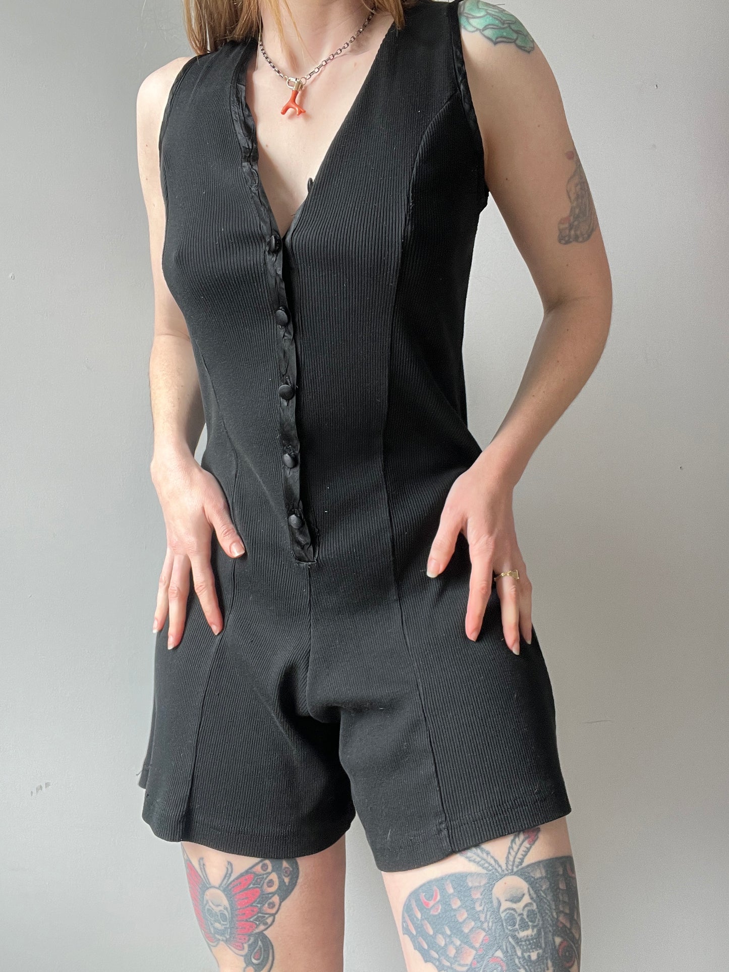 1980s Black Ribbed Button Up Romper M