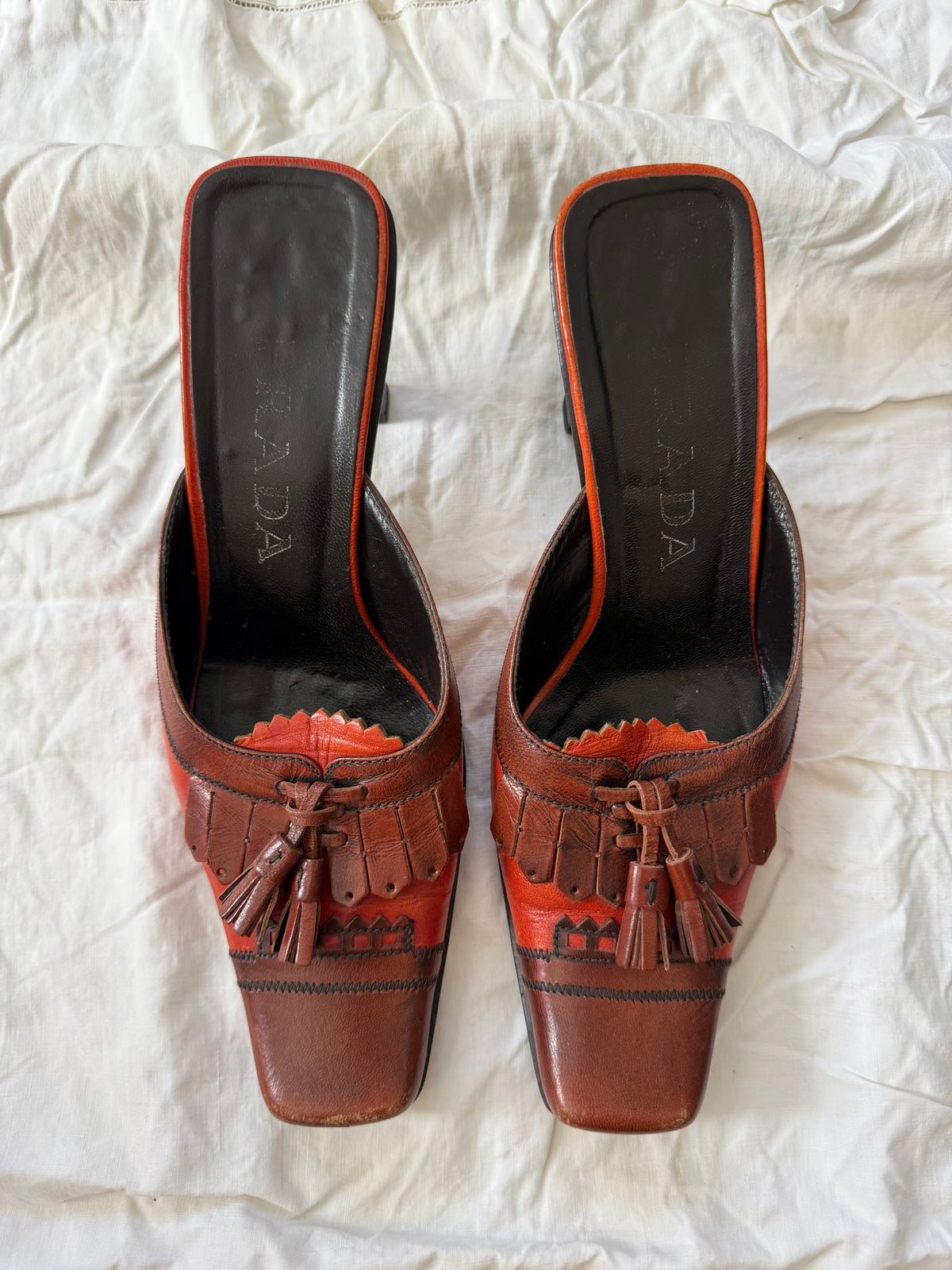 Vintage Burnt Orange Leather Prada Tassel Mule Heel 36.5