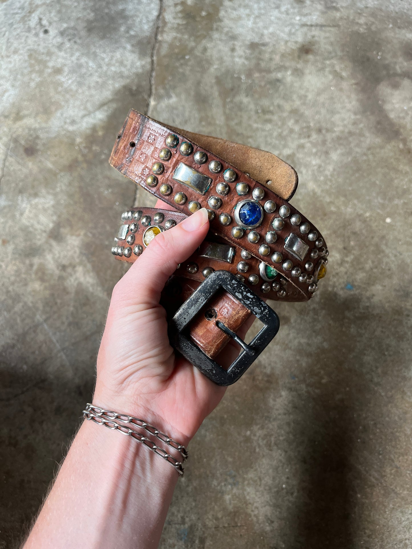 1940s Studded Jeweled Leather Belt Square Buckle 29”-35”