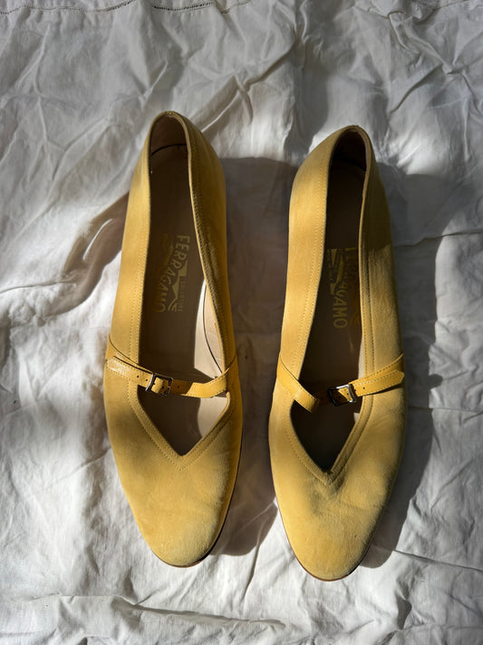 Vintage Ferragamo Chartreuse Mary Jane Flats 8.5