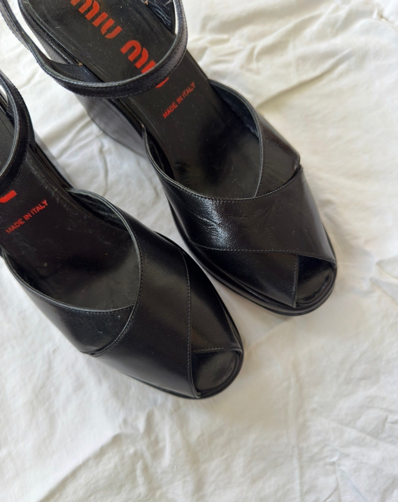 Vintage 1990s Miu Miu Black Leather Peep Toe Wedges 39
