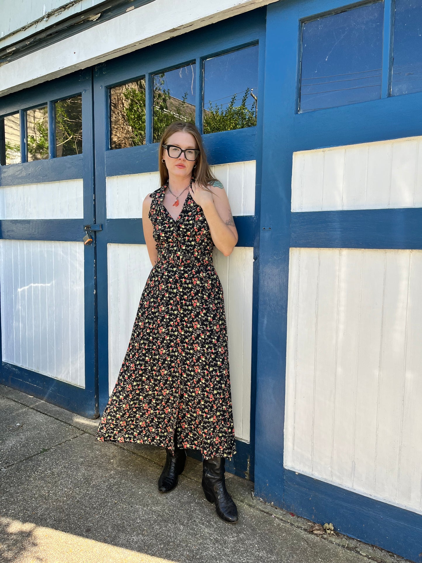 1990's 100% Rayon Black Floral Maxi Dress Elizabeth Wayman