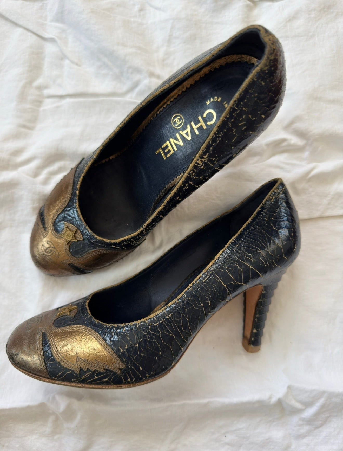 Rare Vintage Chanel Crackled Leather Pumps with Large Bird Detailing 38