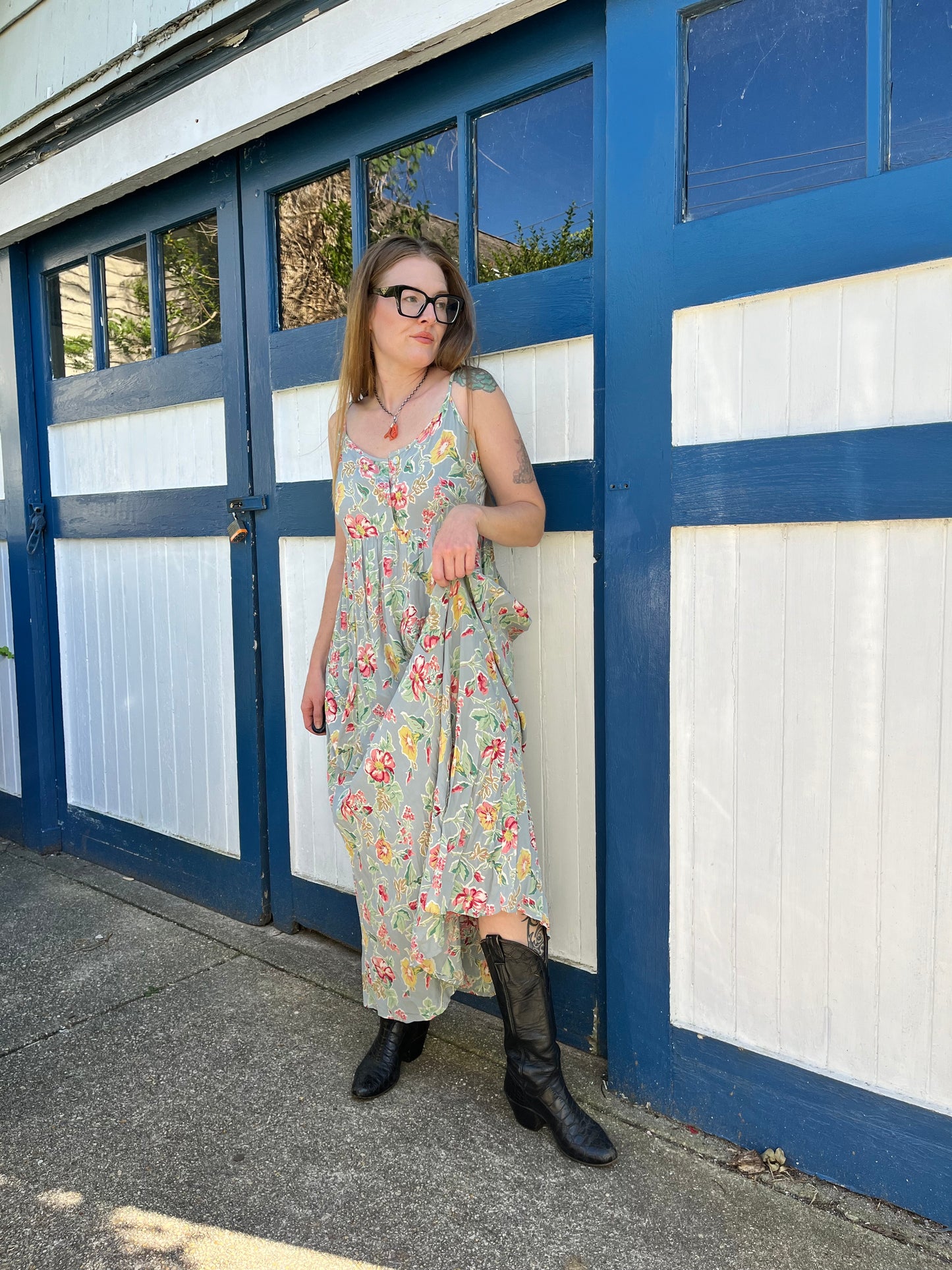 100% Rayon Blue Floral Maxi Dress