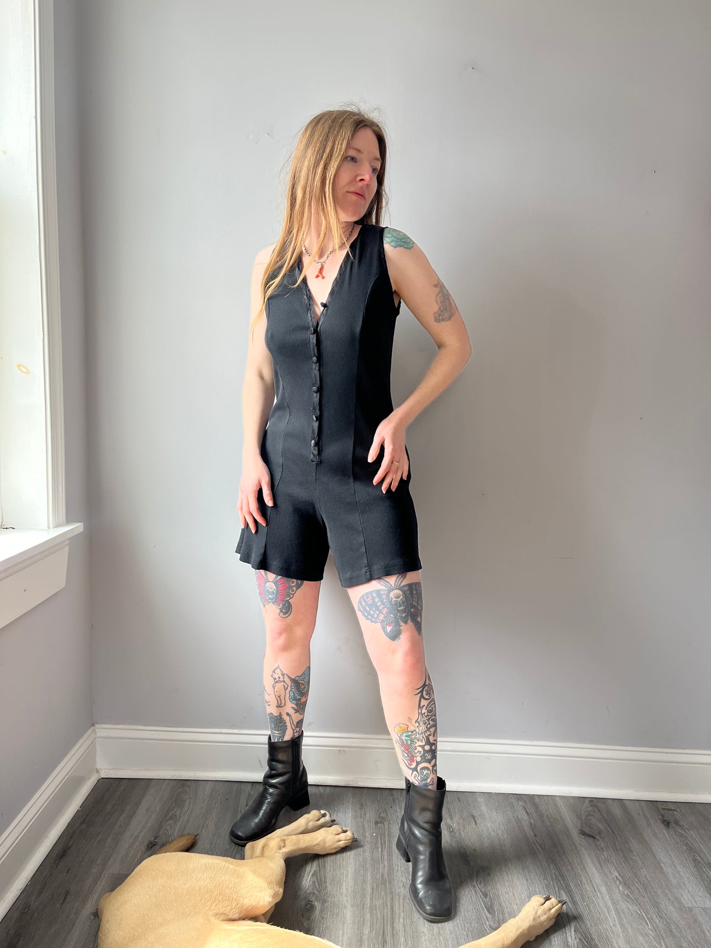 1980s Black Ribbed Button Up Romper M