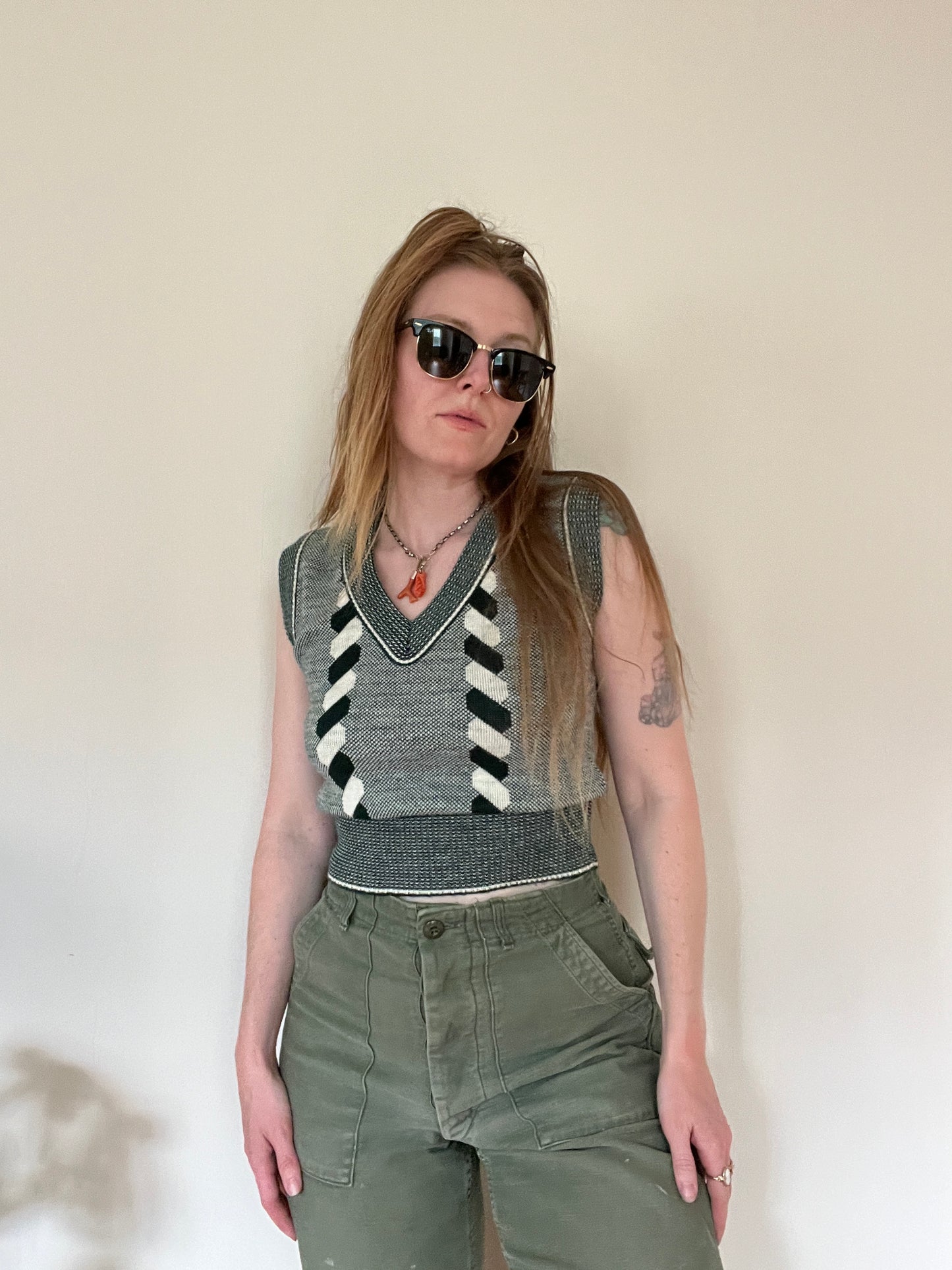 Vintage 1970s Cable Knit Green Sweater Vest