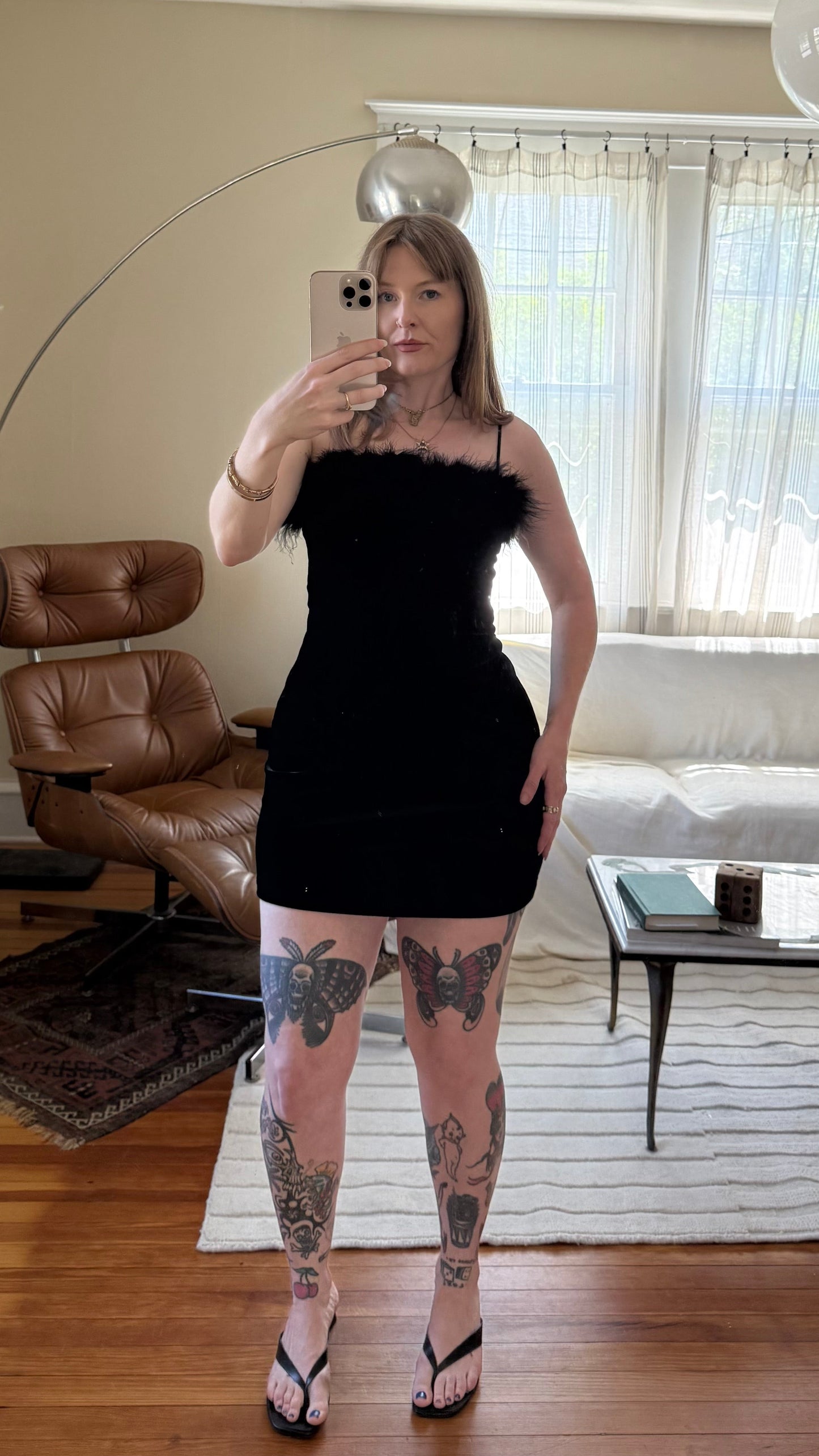 1990s Little Black Dress Velvet with Feather Boa S/M