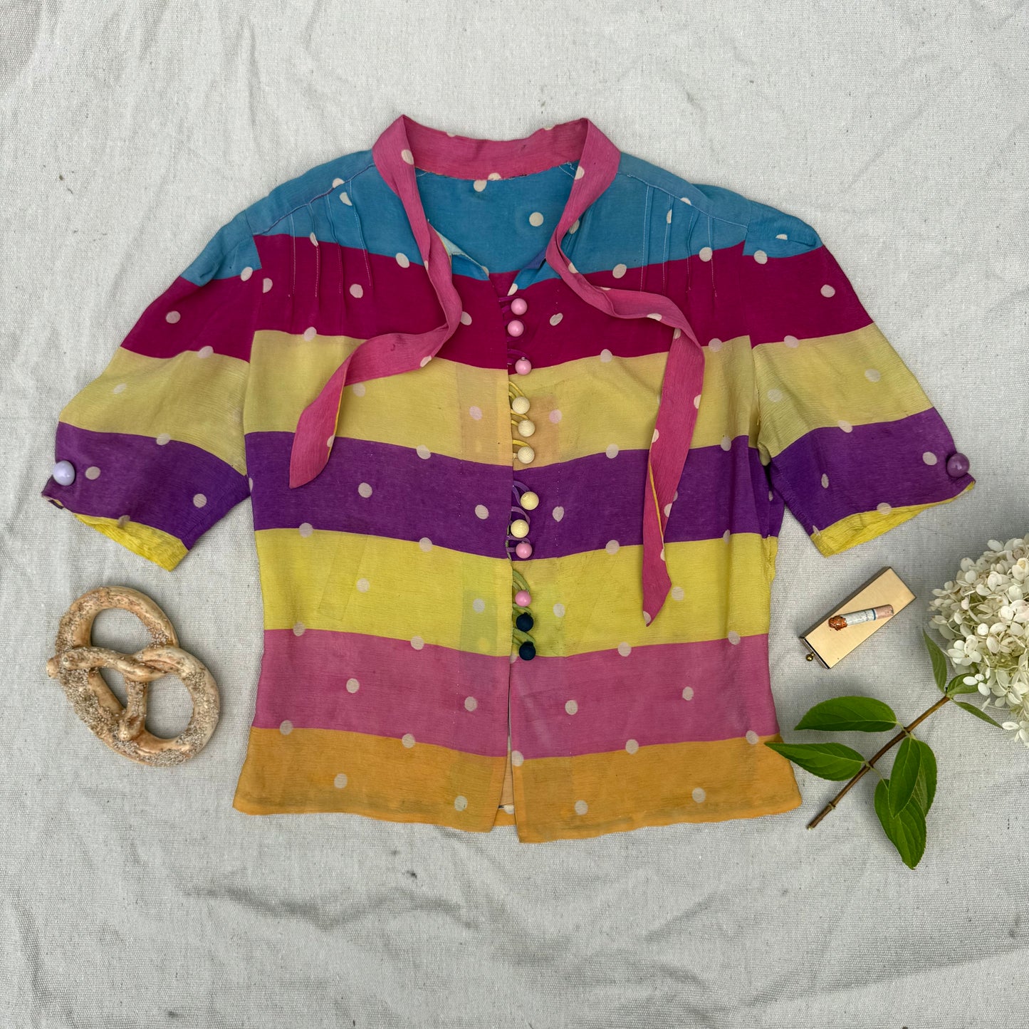 1930s Sorbet Striped & Polka Dot Silk Blouse