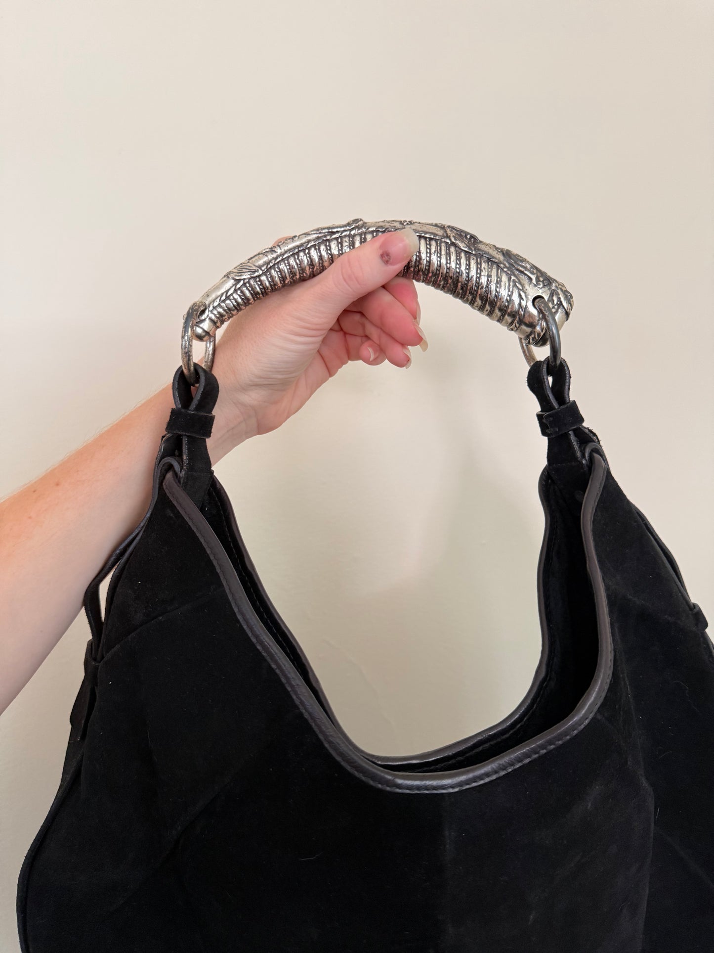 Vintage YSL Mombasa Black Suede Purse with Metal Horn