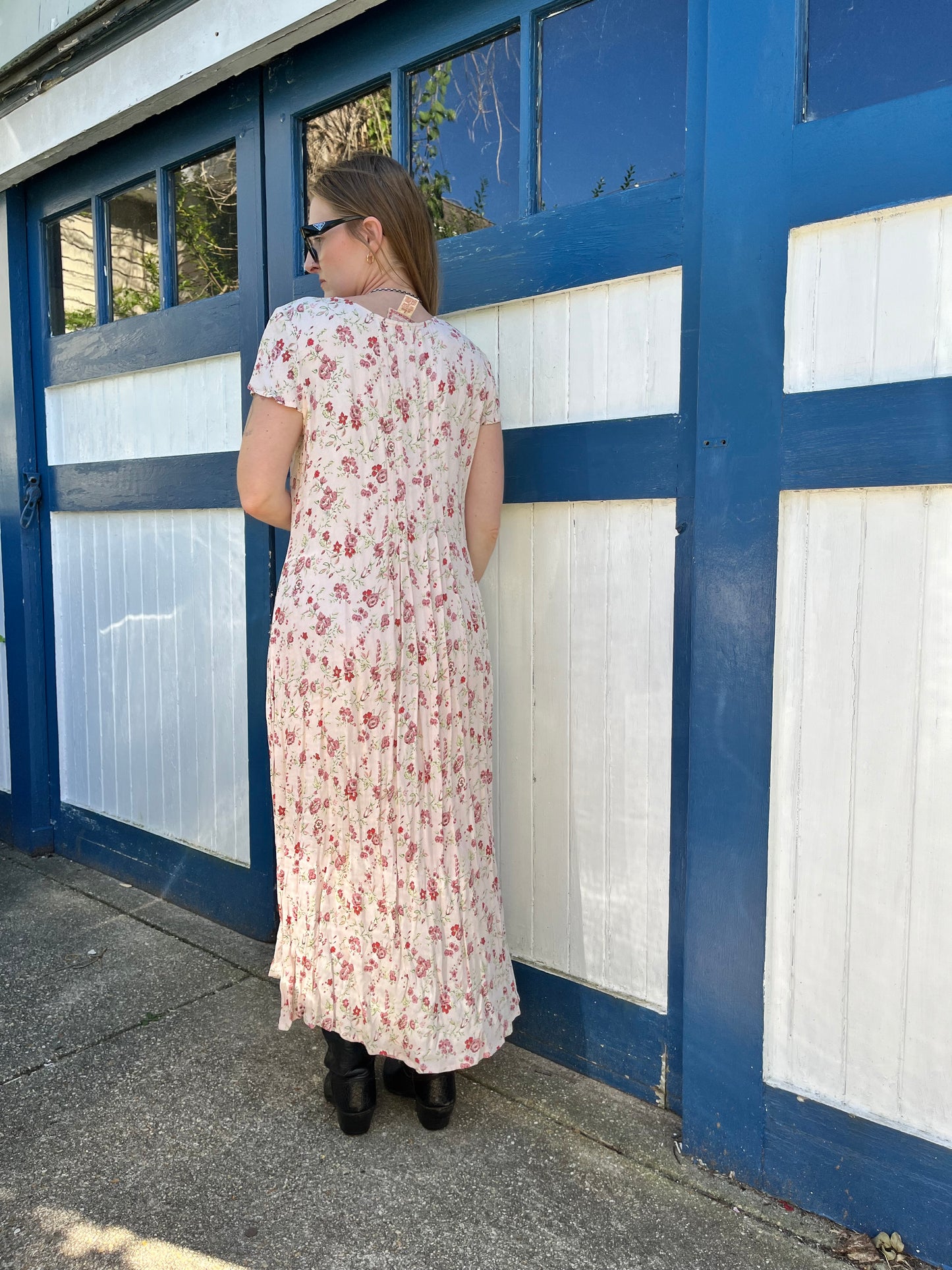 100% Rayon Pale Pink Floral Maxi Dress 1990's