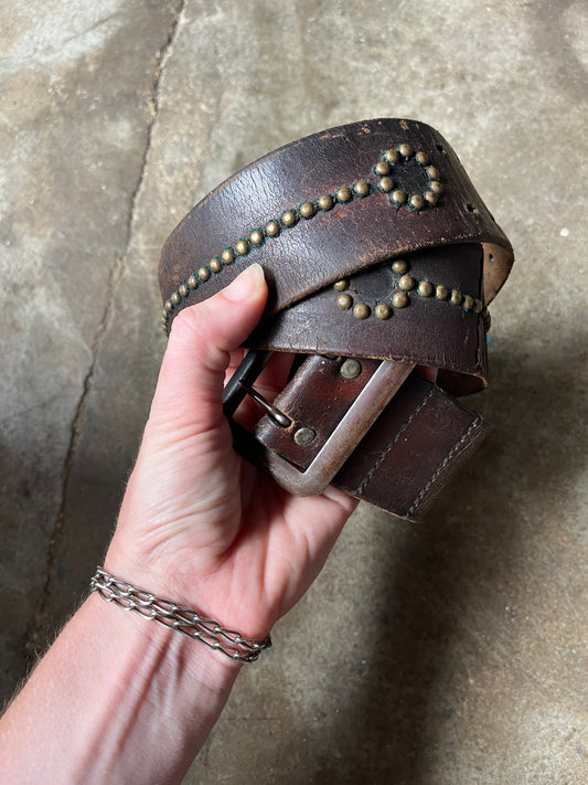 1930s 1940s Brown Leather Belt with Brass Round Studs