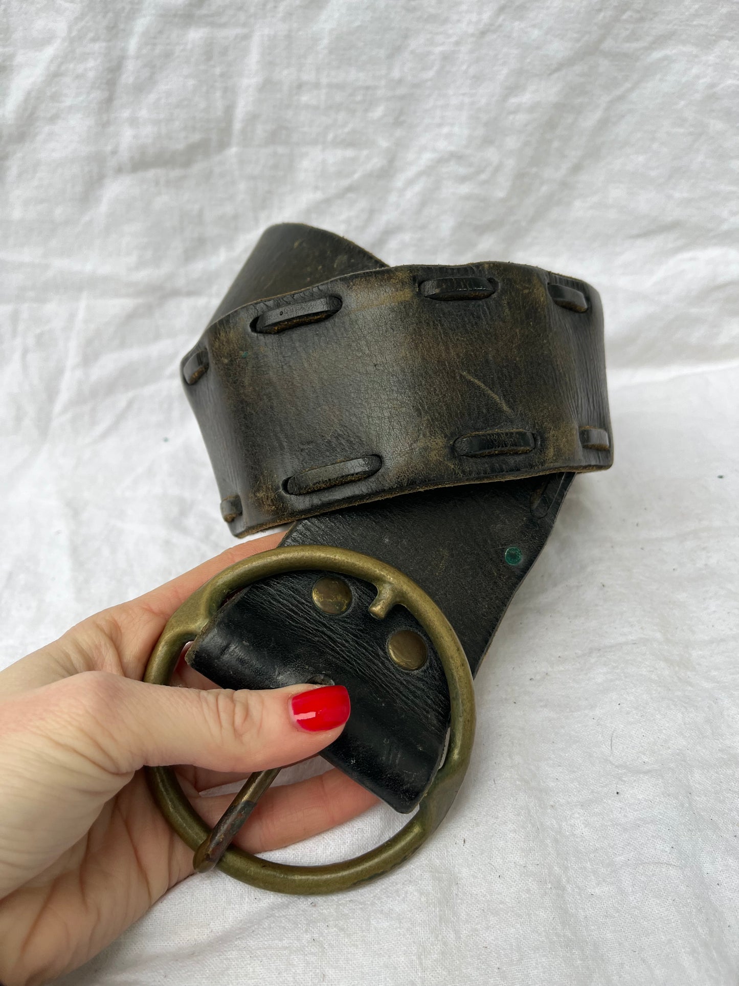 Wide Black Leather Belt with Brass Buckle 38”-41”