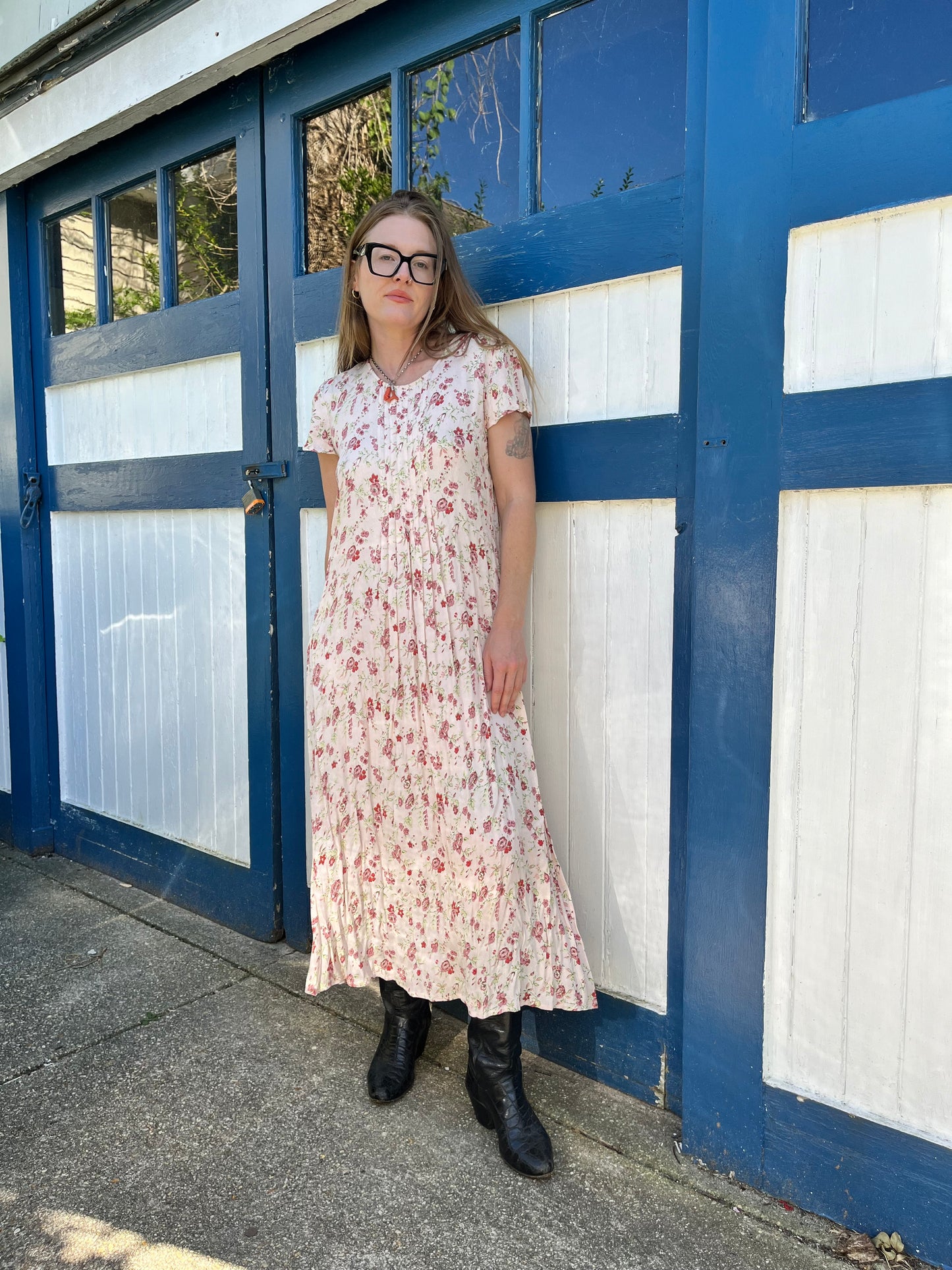 100% Rayon Pale Pink Floral Maxi Dress 1990's