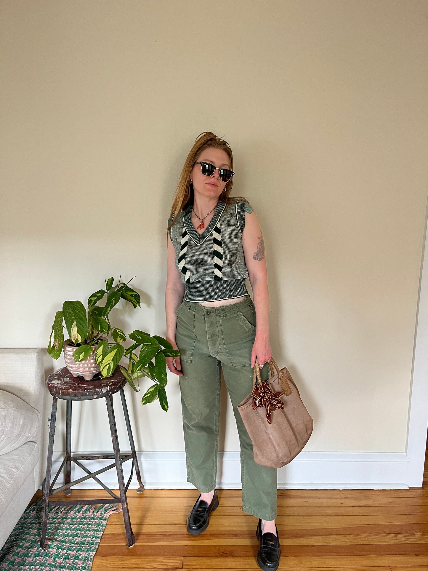 Vintage 1970s Cable Knit Green Sweater Vest