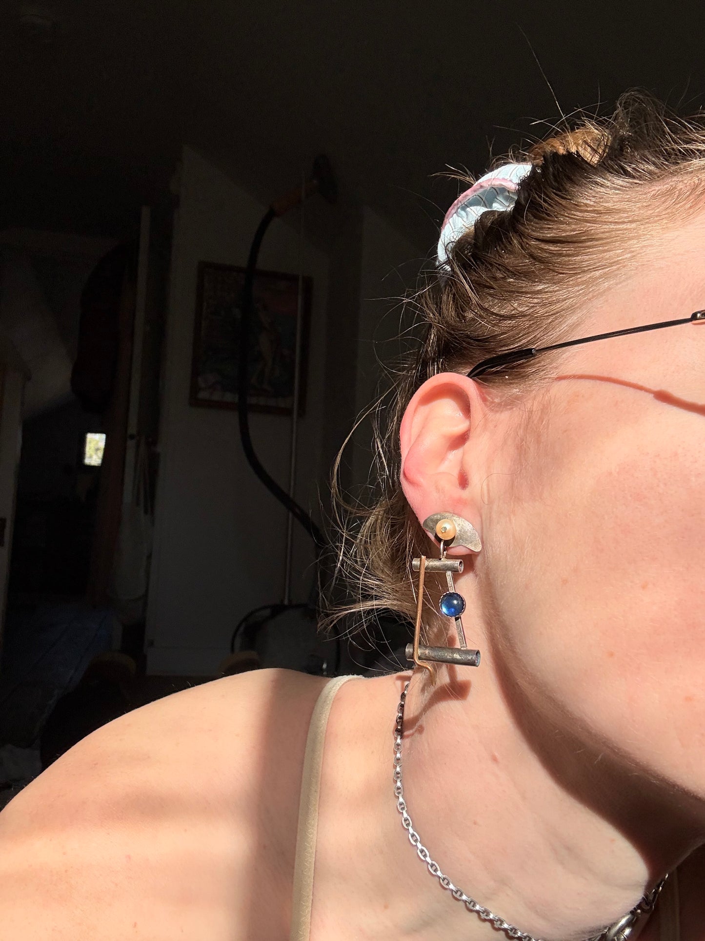 925 Silver Made by Hand Earrings with Pearl and Blue Stone