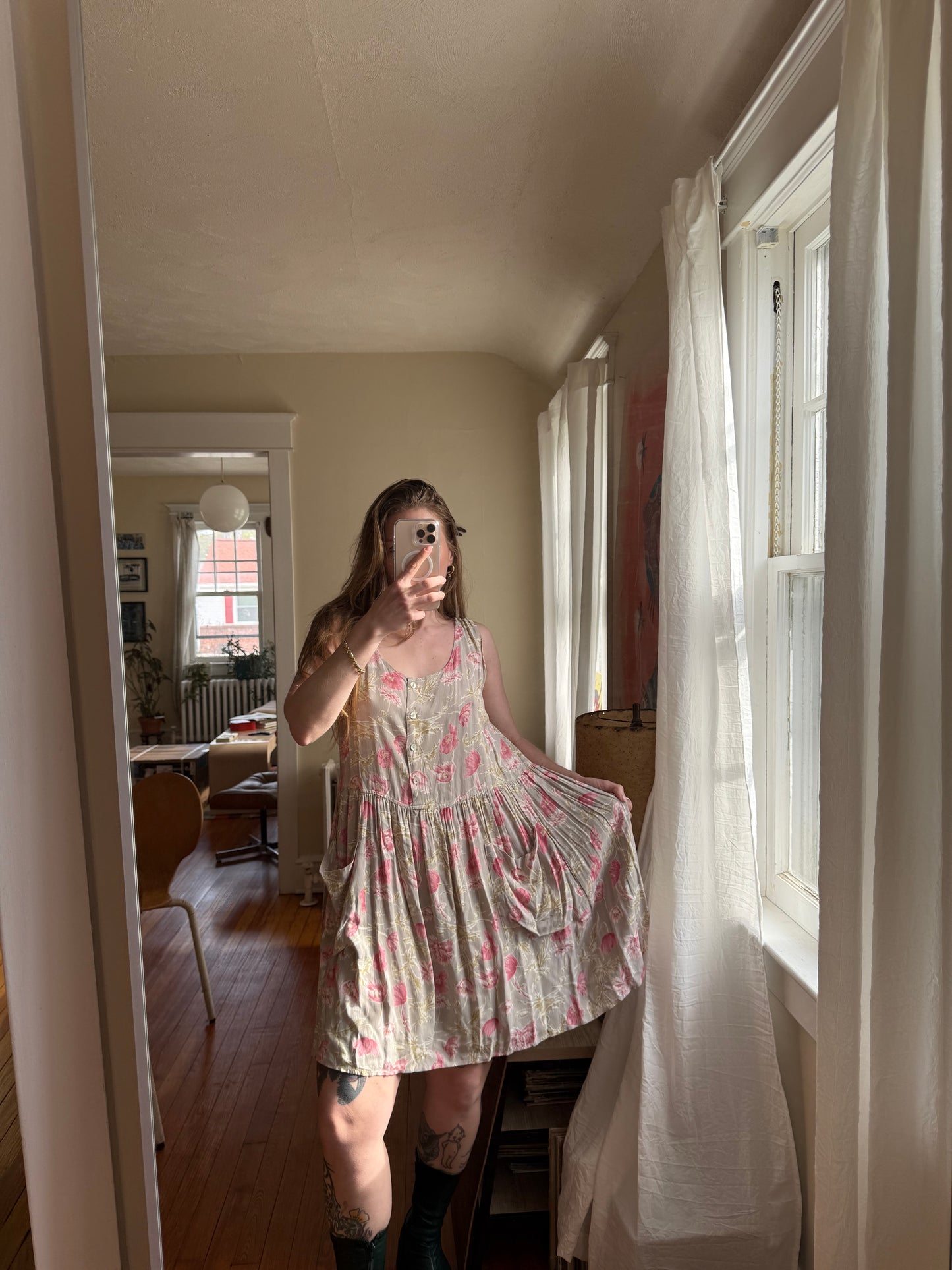 1990s Betsey Johnson Sheer Floral Dress & 1990s Floral Tank Dress