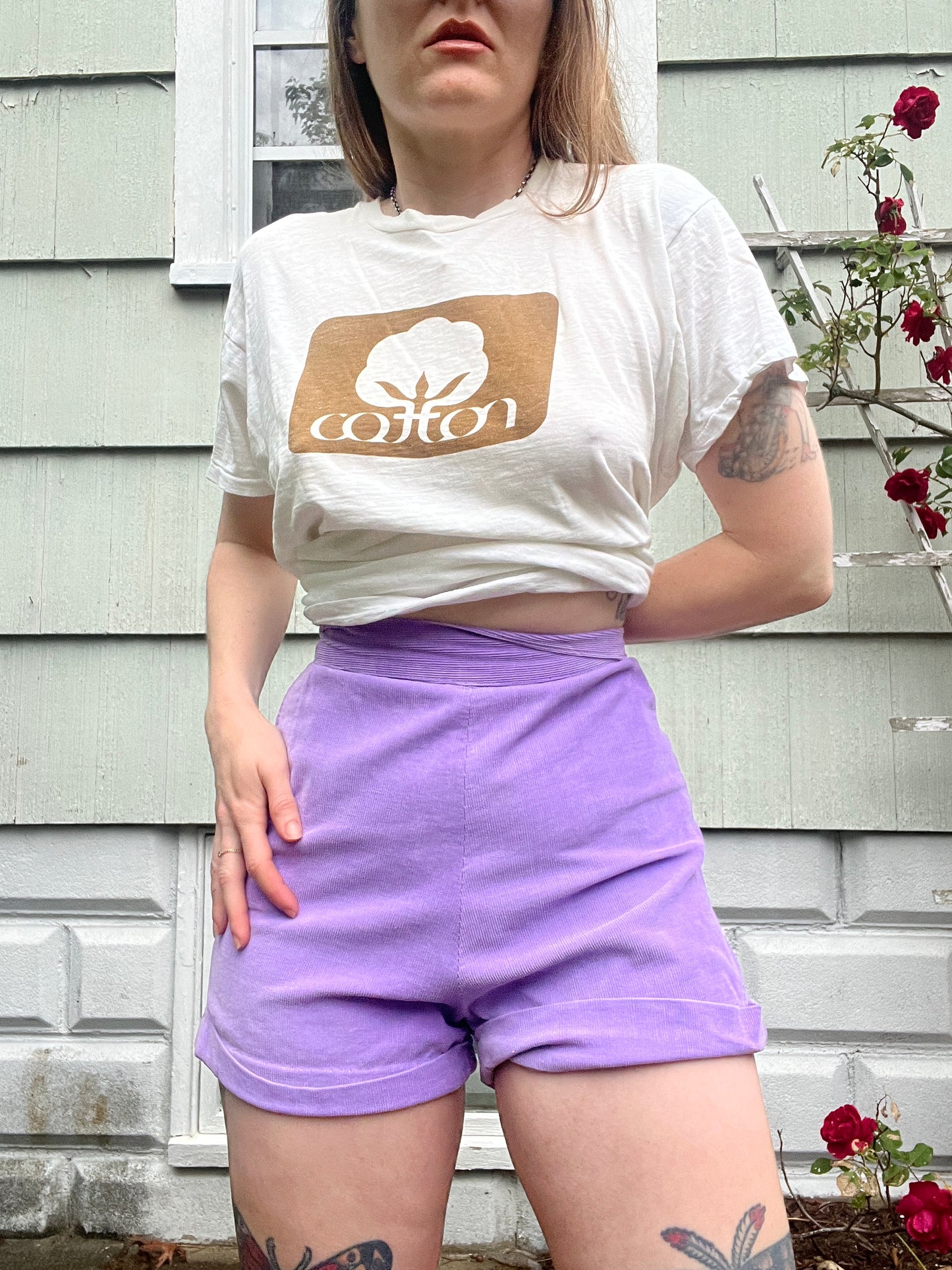 1940s Purple Corduroy Zip Up High Waisted Shorts 25"