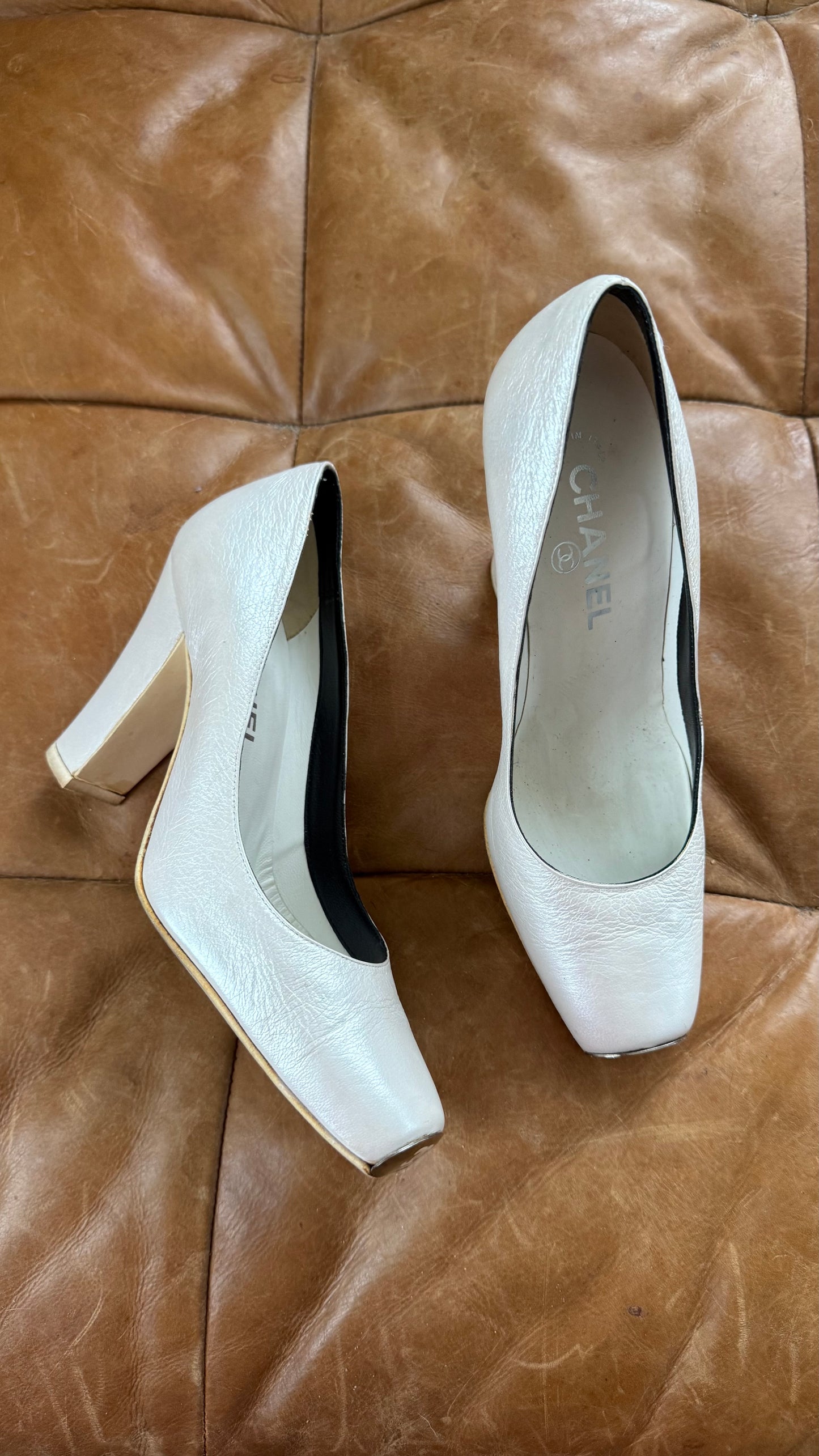 White Chanel Pumps with Metal Toe Box 36.5