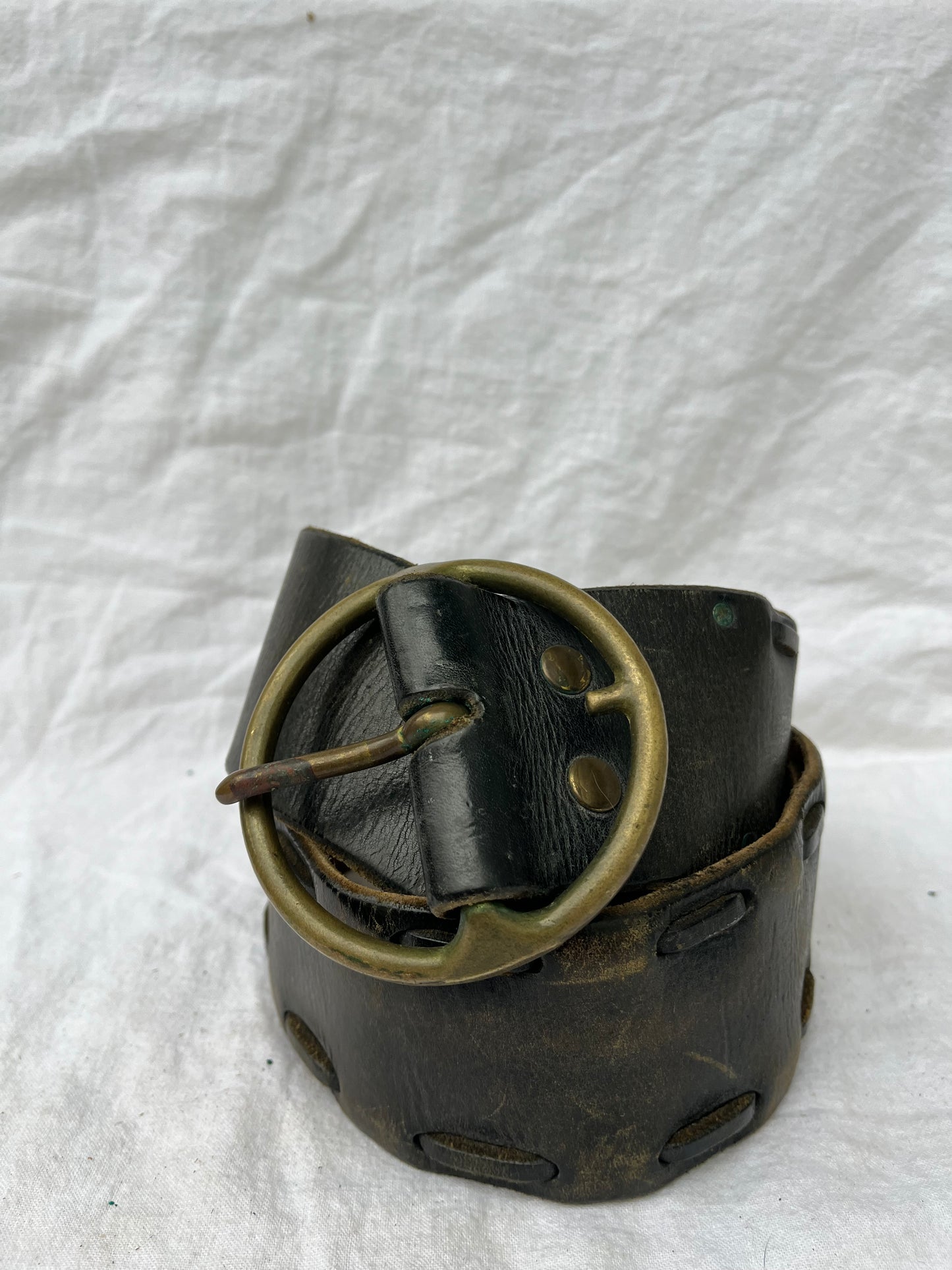Wide Black Leather Belt with Brass Buckle 38”-41”