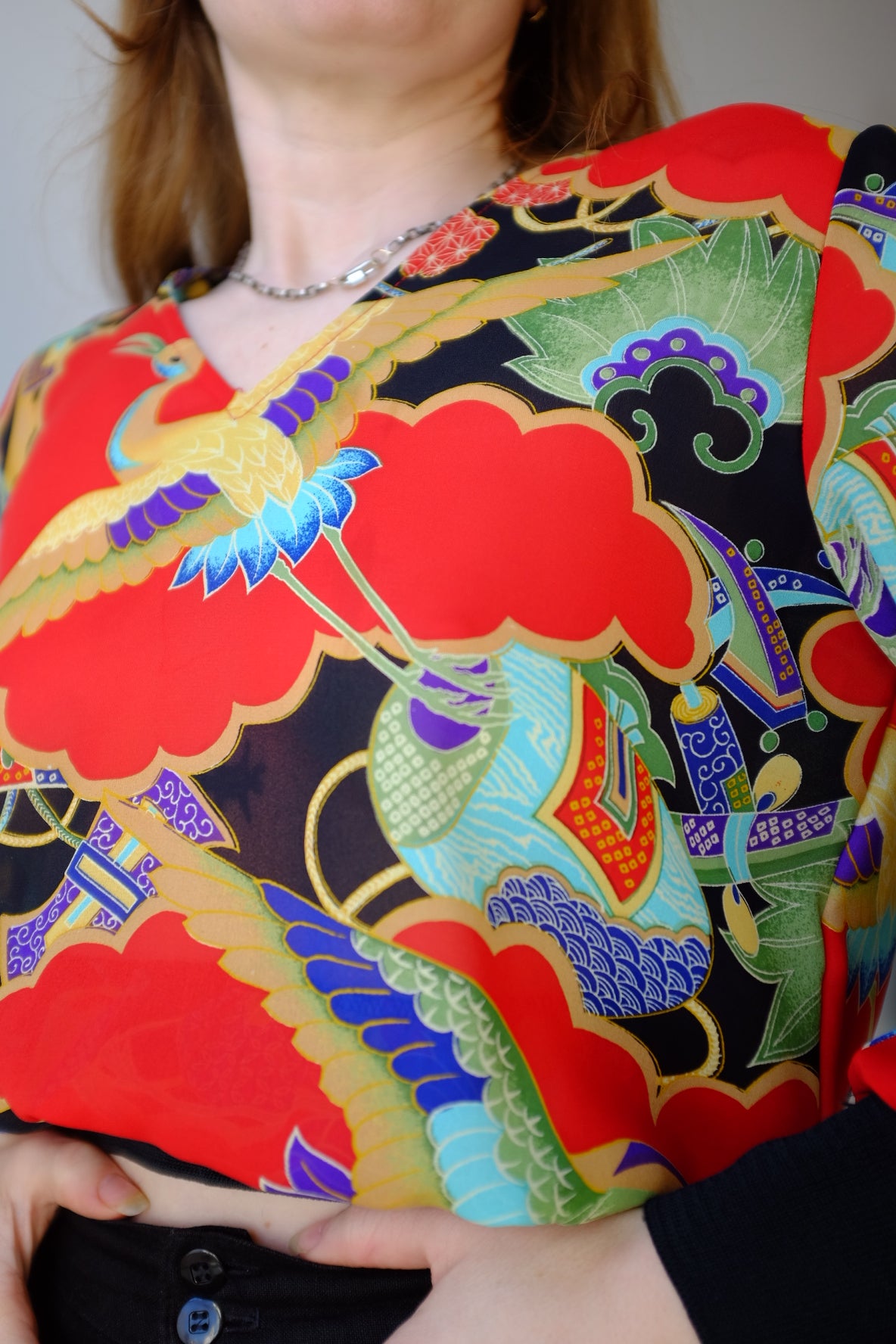 1970s All Over Print Silk Kimono Style Blouse