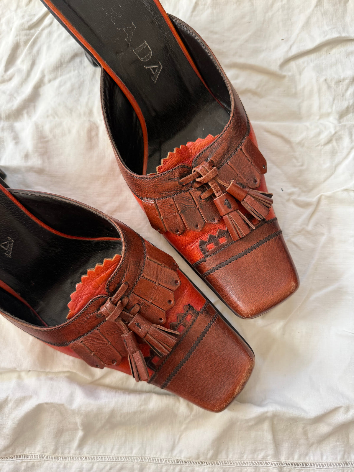 Vintage Burnt Orange Leather Prada Tassel Mule Heel 36.5