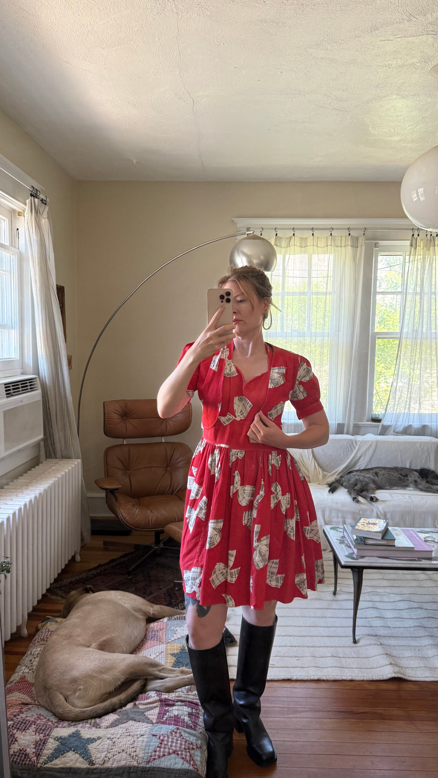 1940s Cotton Halter Dress with Bow Print XS