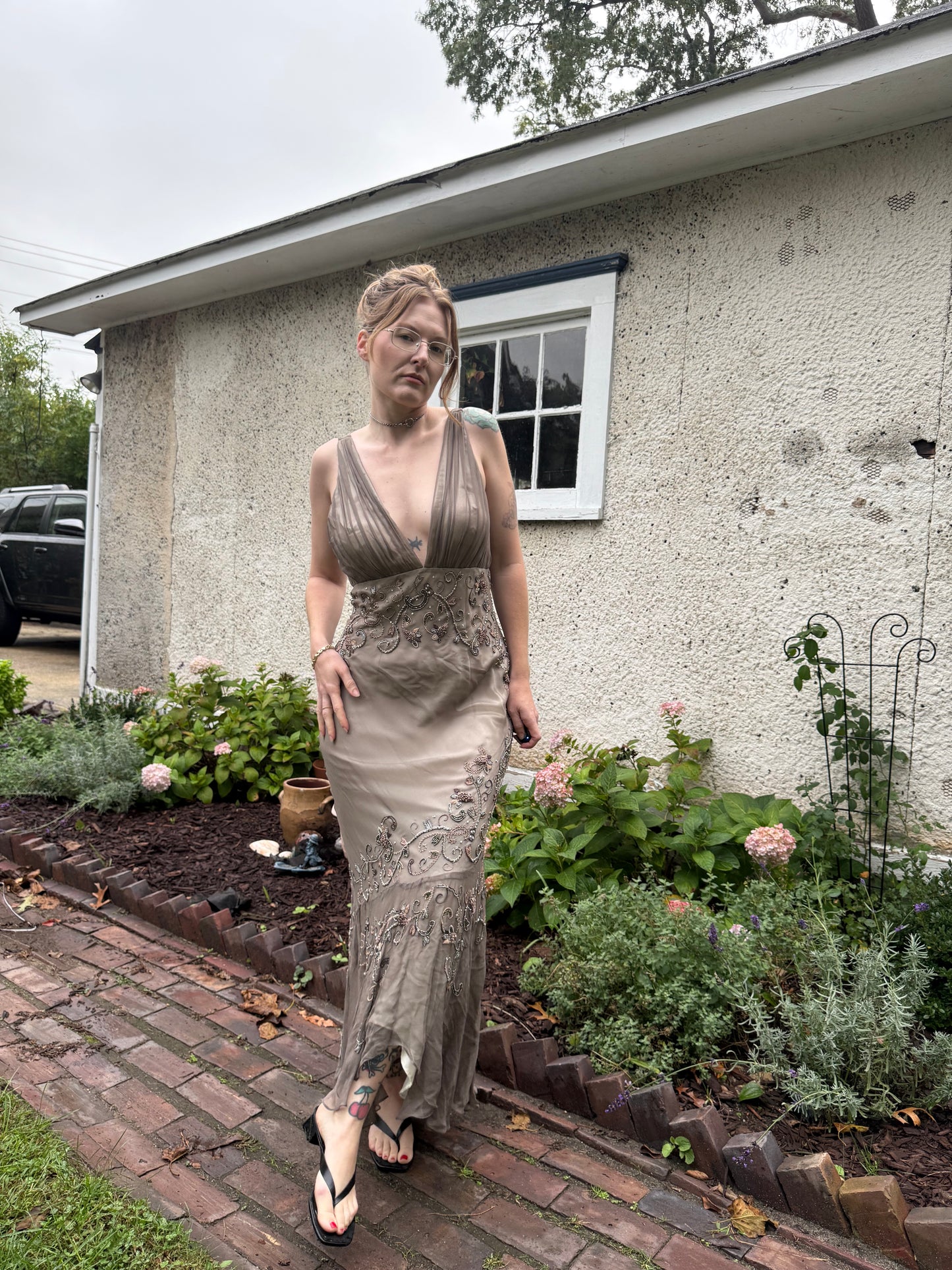 1990s 100% Silk & Beaded Scala Dress L