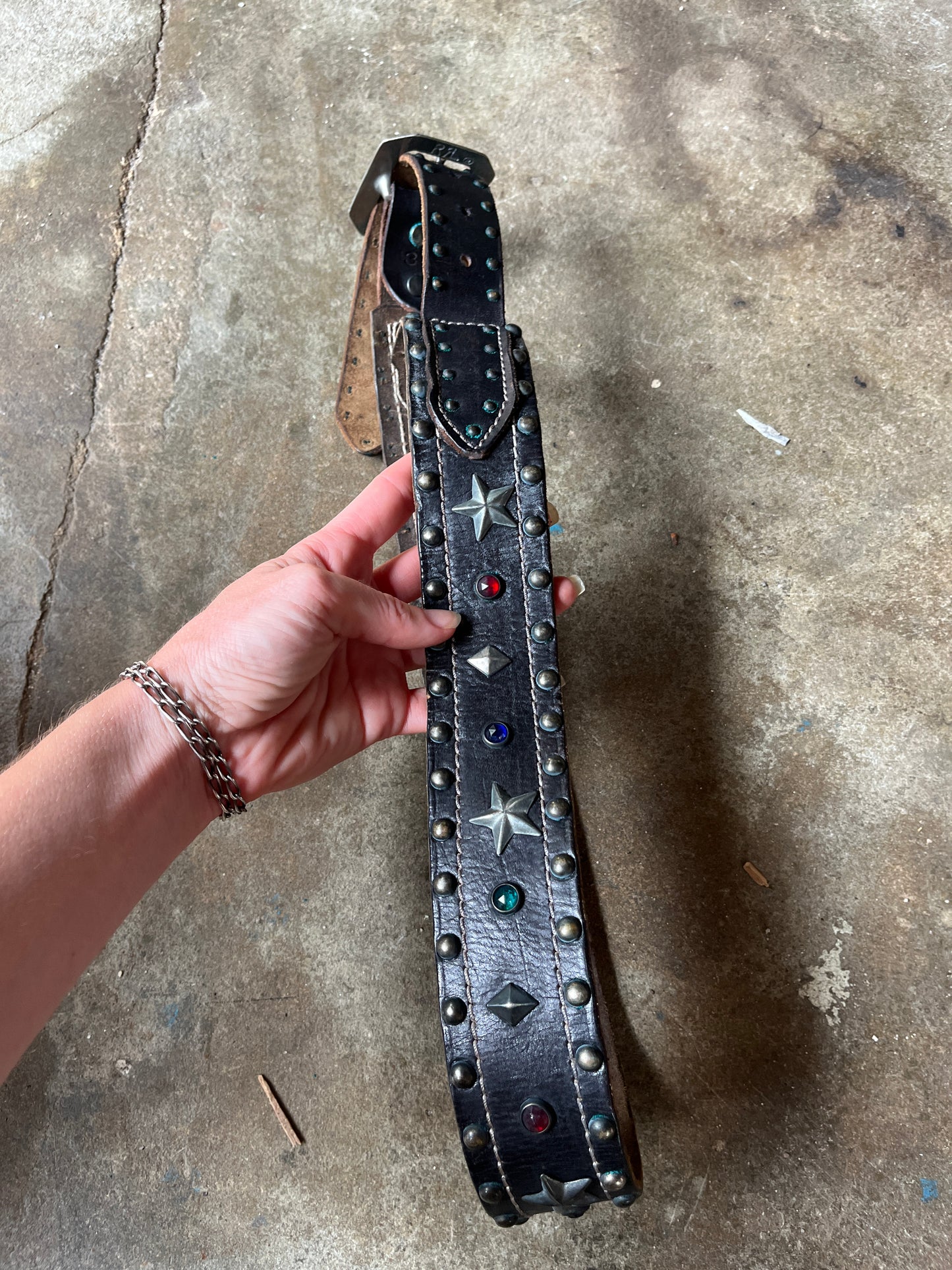 RRL Star and Jewel Studded Leather Biker Belt 34”-40”