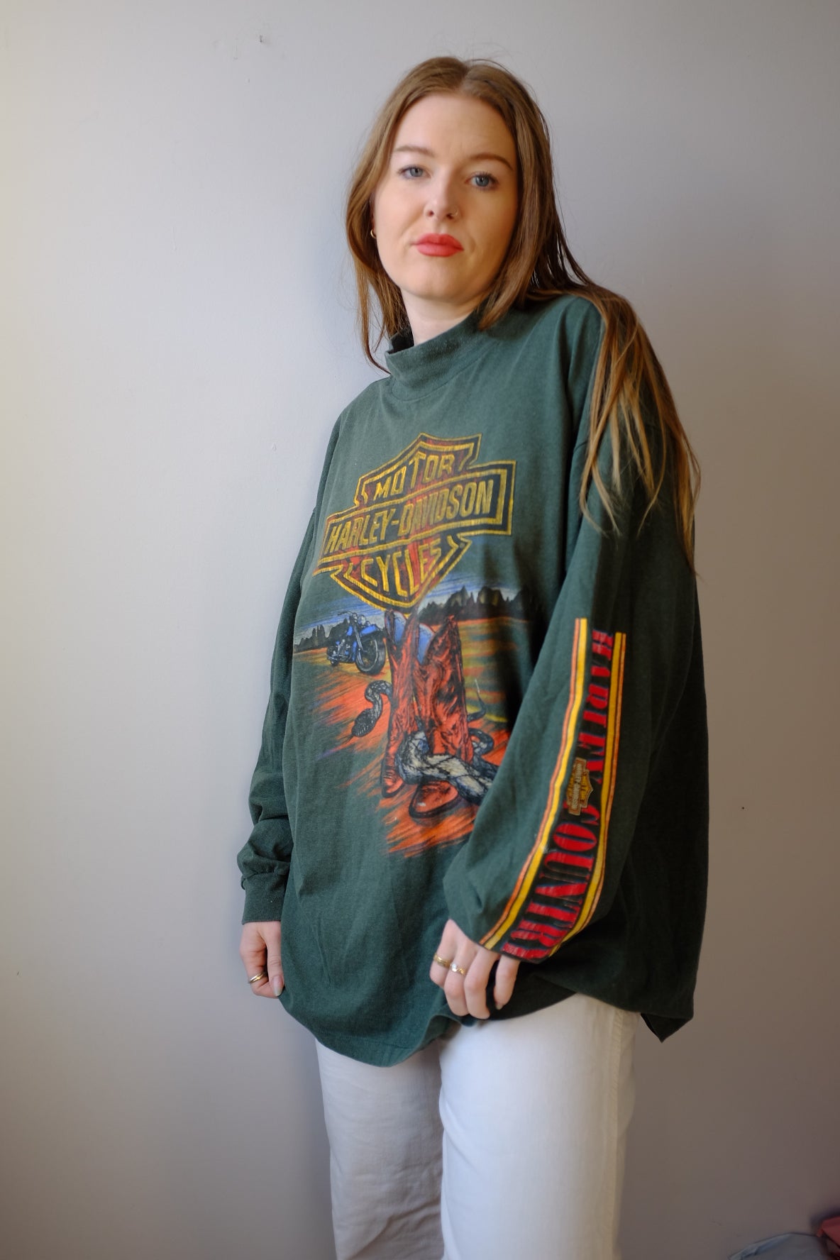 1980s Harley Davidson Long Sleeve with Cowboy Boot and Snake Graphic XL