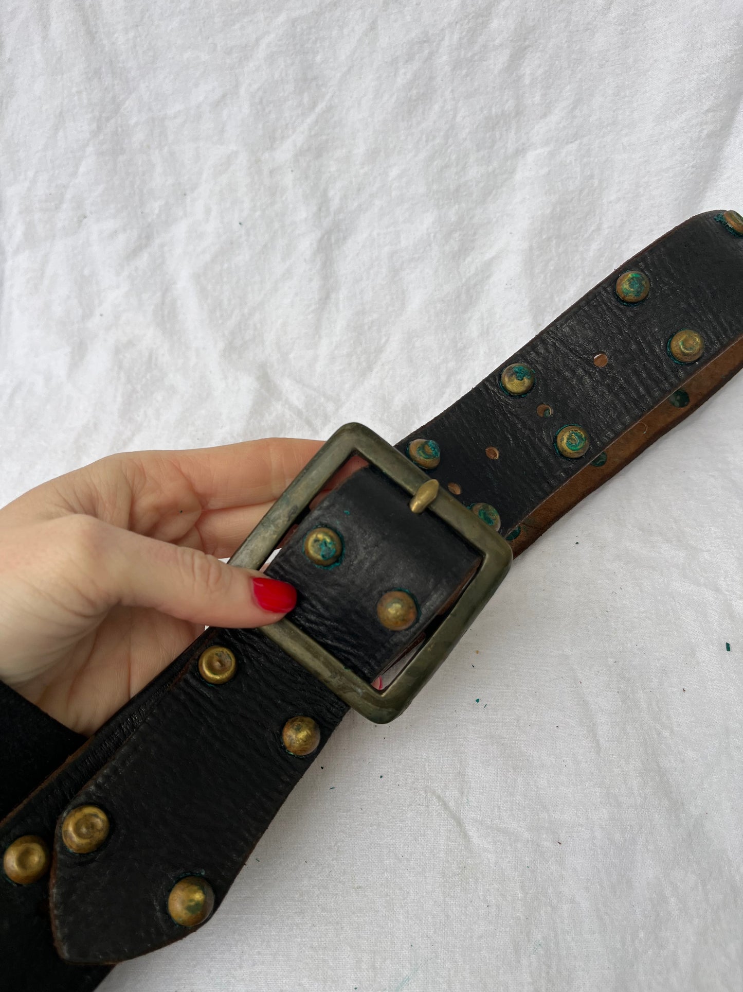Black Leather Brass Studded Belt 32”-36”
