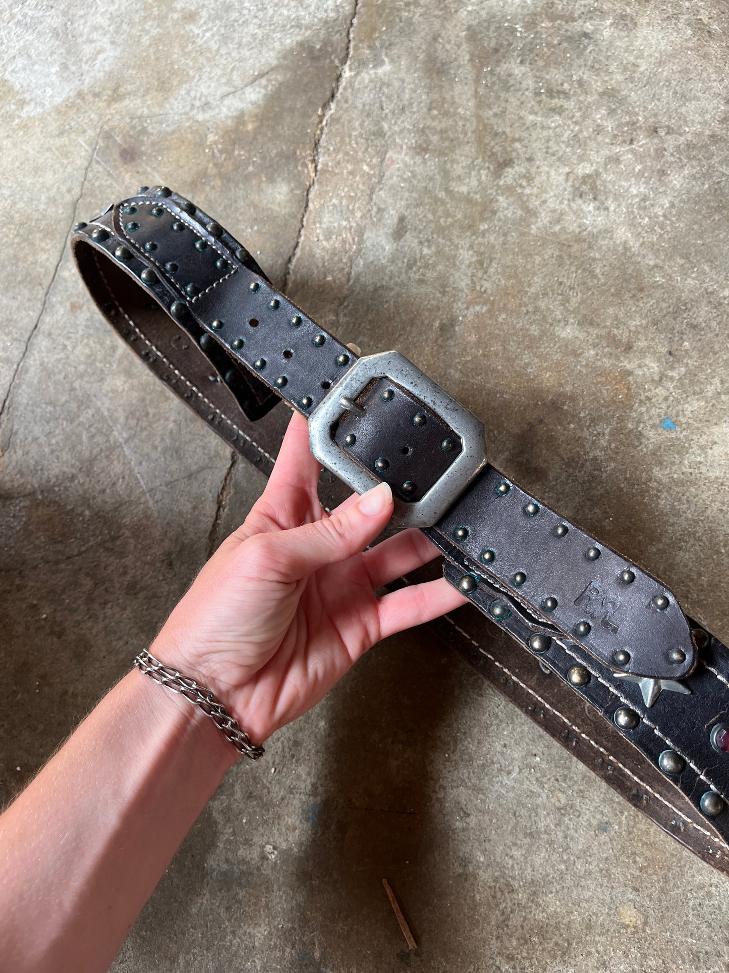 RRL Star and Jewel Studded Leather Biker Belt 34”-40”