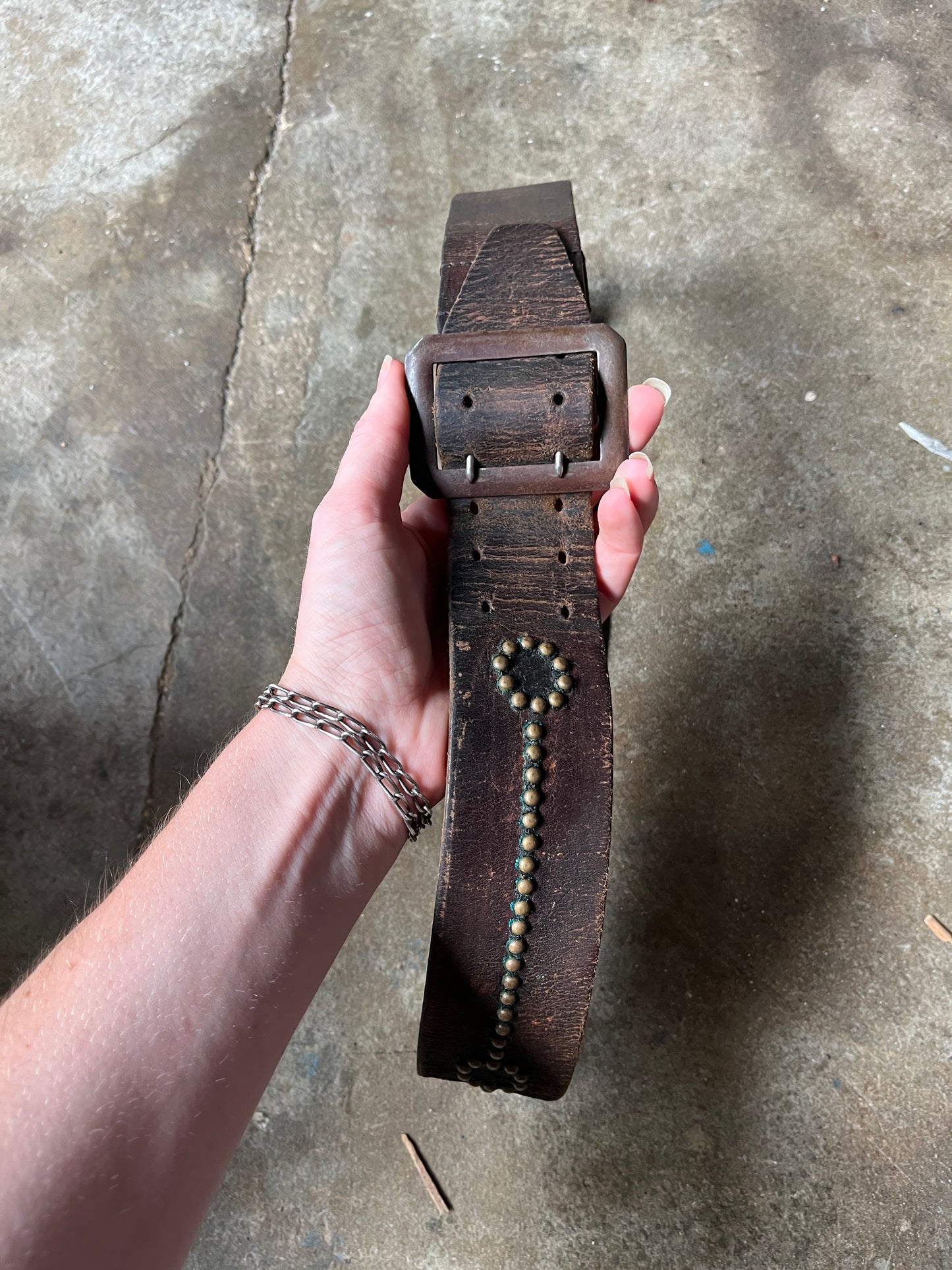 1930s 1940s Brown Leather Belt with Brass Round Studs