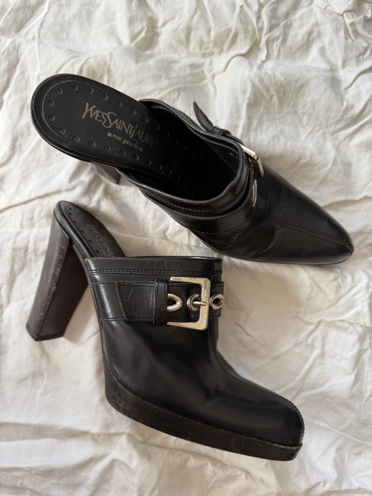 Vintage Yves Saint Laurent Black Leather Clogs with Buckle 36.5