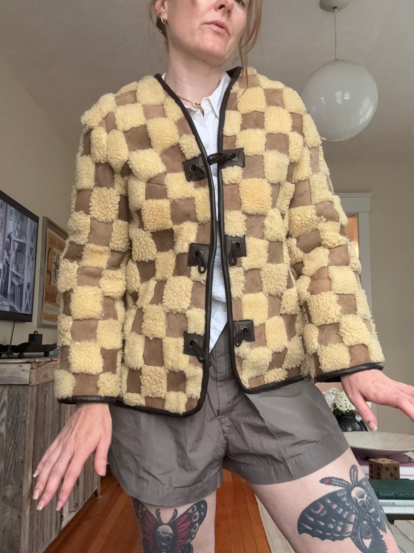 Incredible 1970s/1980s Suede & Sherpa Checkered Coat S/M