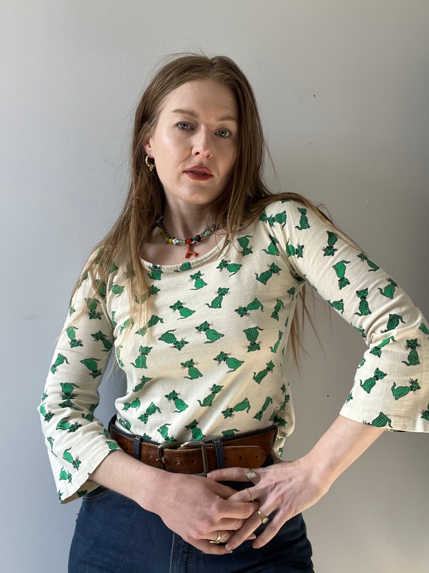 1970s All Over Kitty Cat Print Shirt S/M