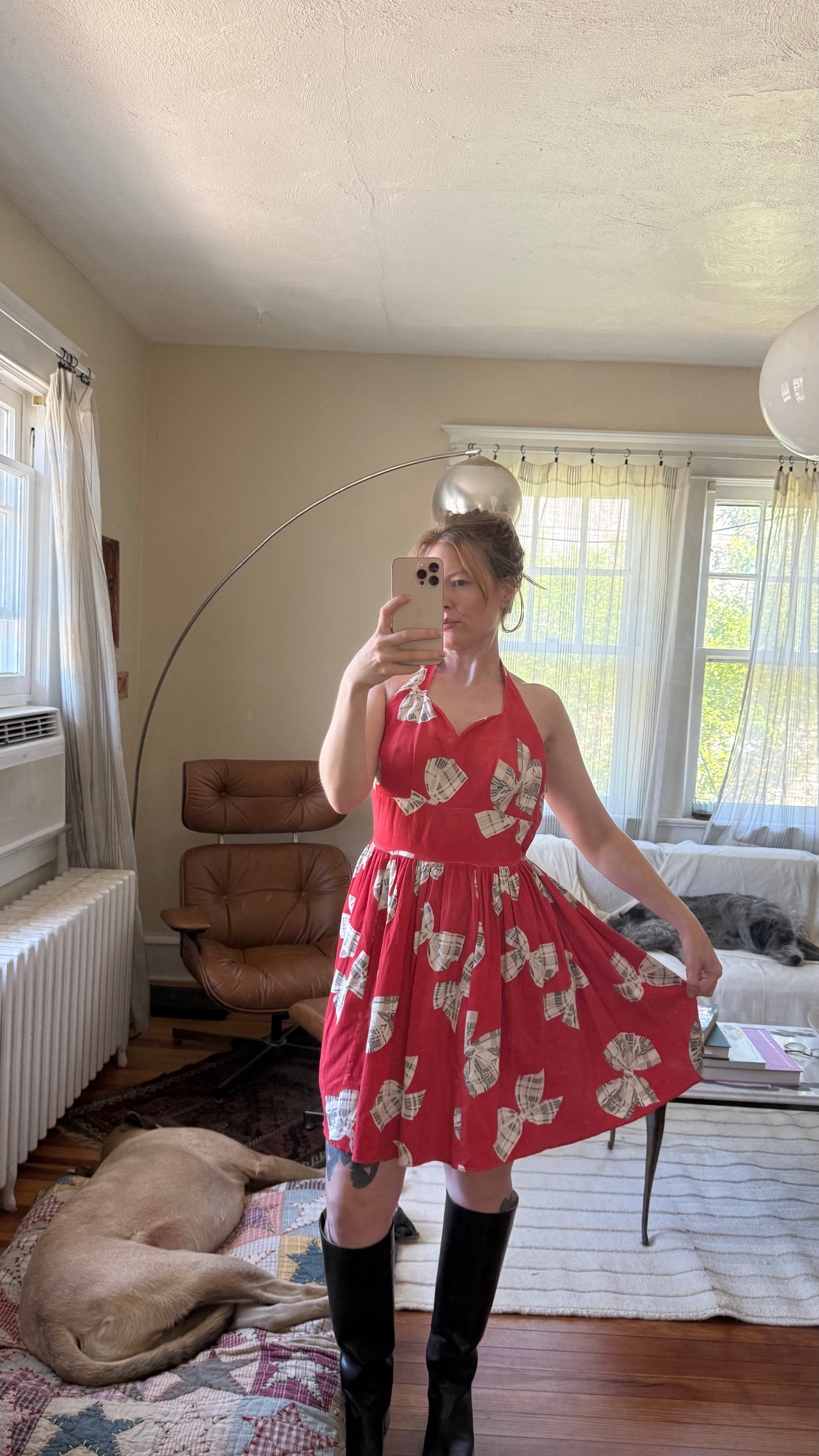 1940s Cotton Halter Dress with Bow Print XS