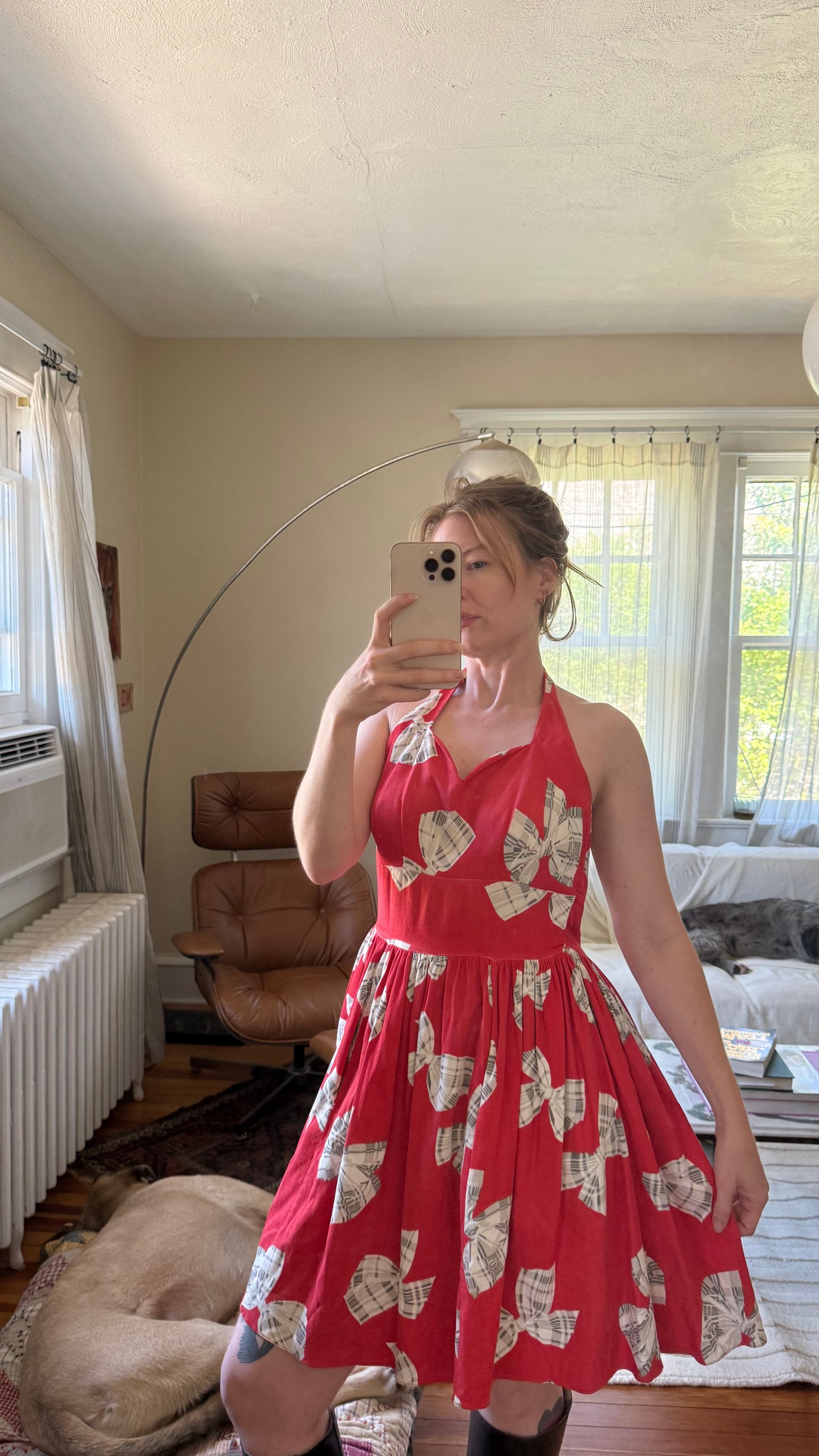 1940s Cotton Halter Dress with Bow Print XS