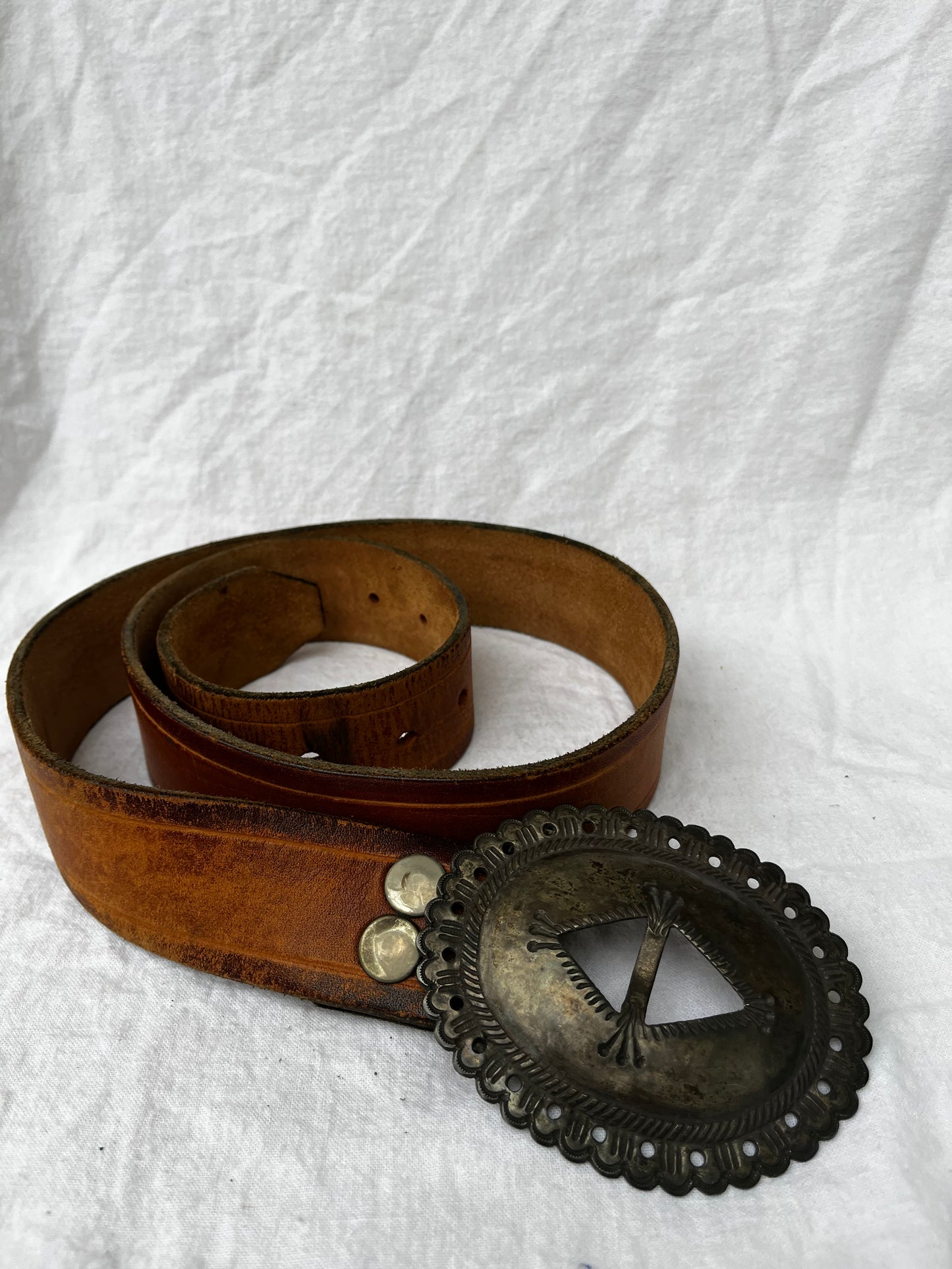 Brown Leather Belt with Double RRL Concho Buckle 29”-36”