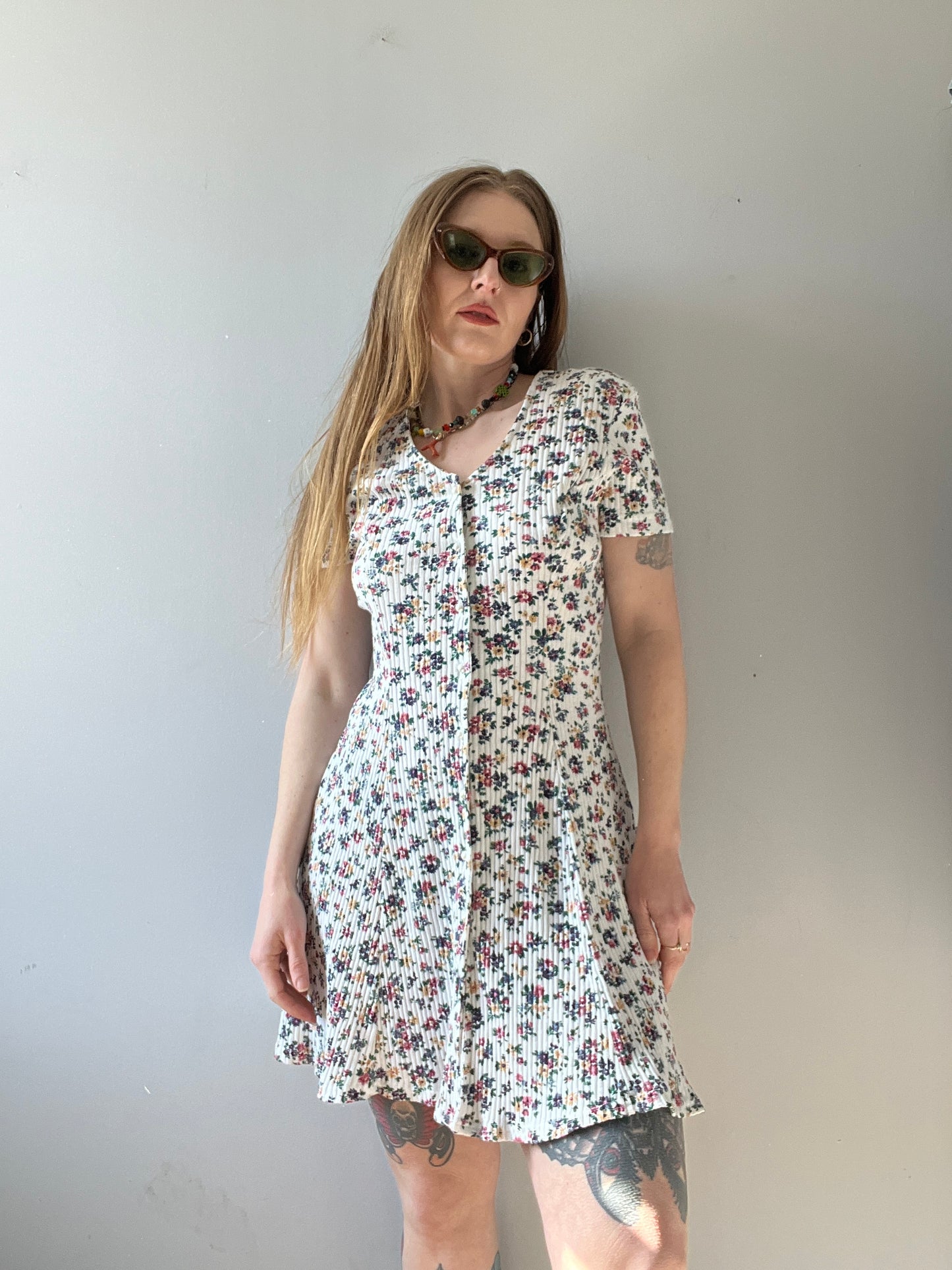 1990s Cotton Ribbed Floral Mini Dress M