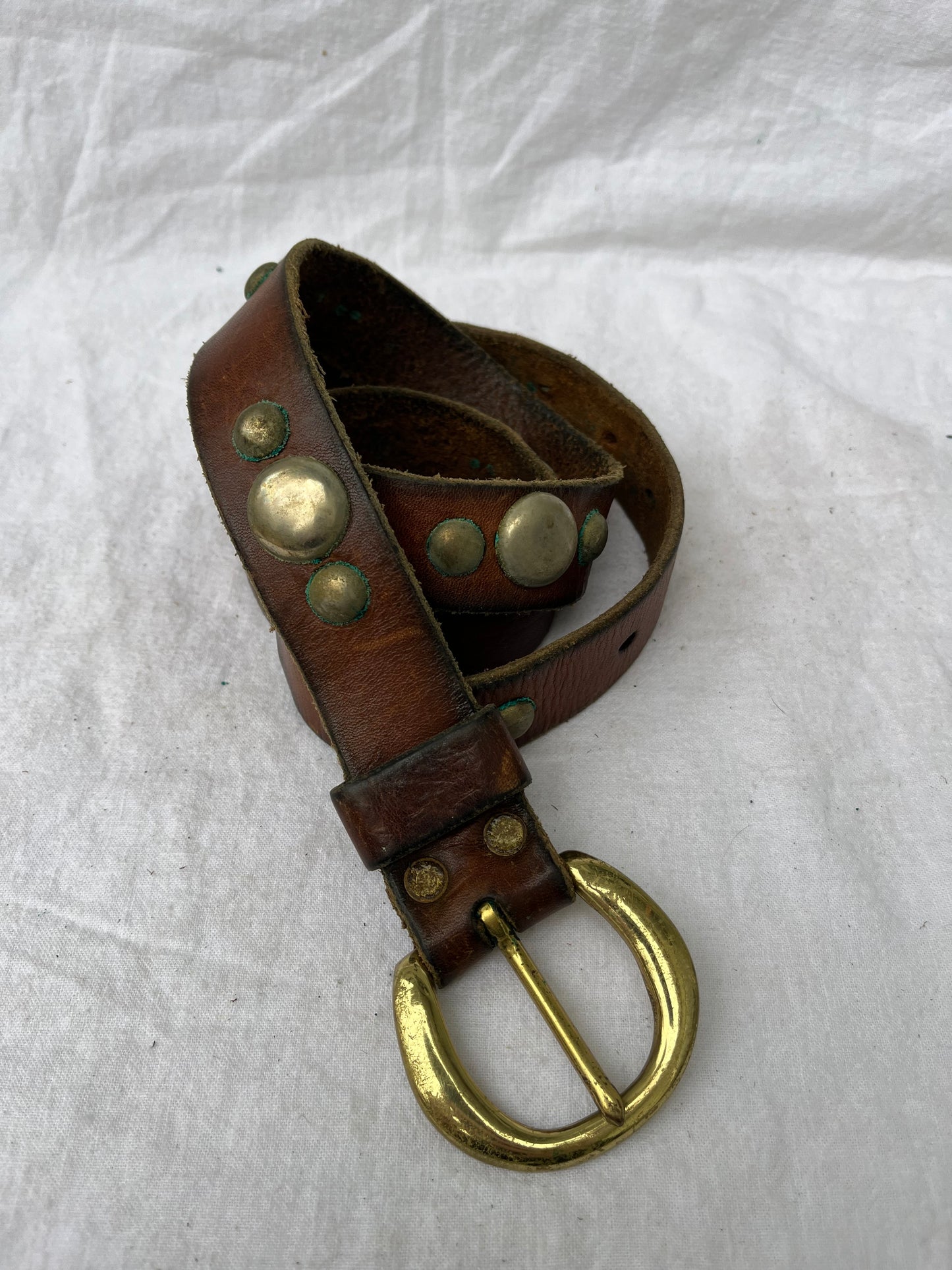 Brown Studded Leather Belt with Brass Buckle 35”-38.5”