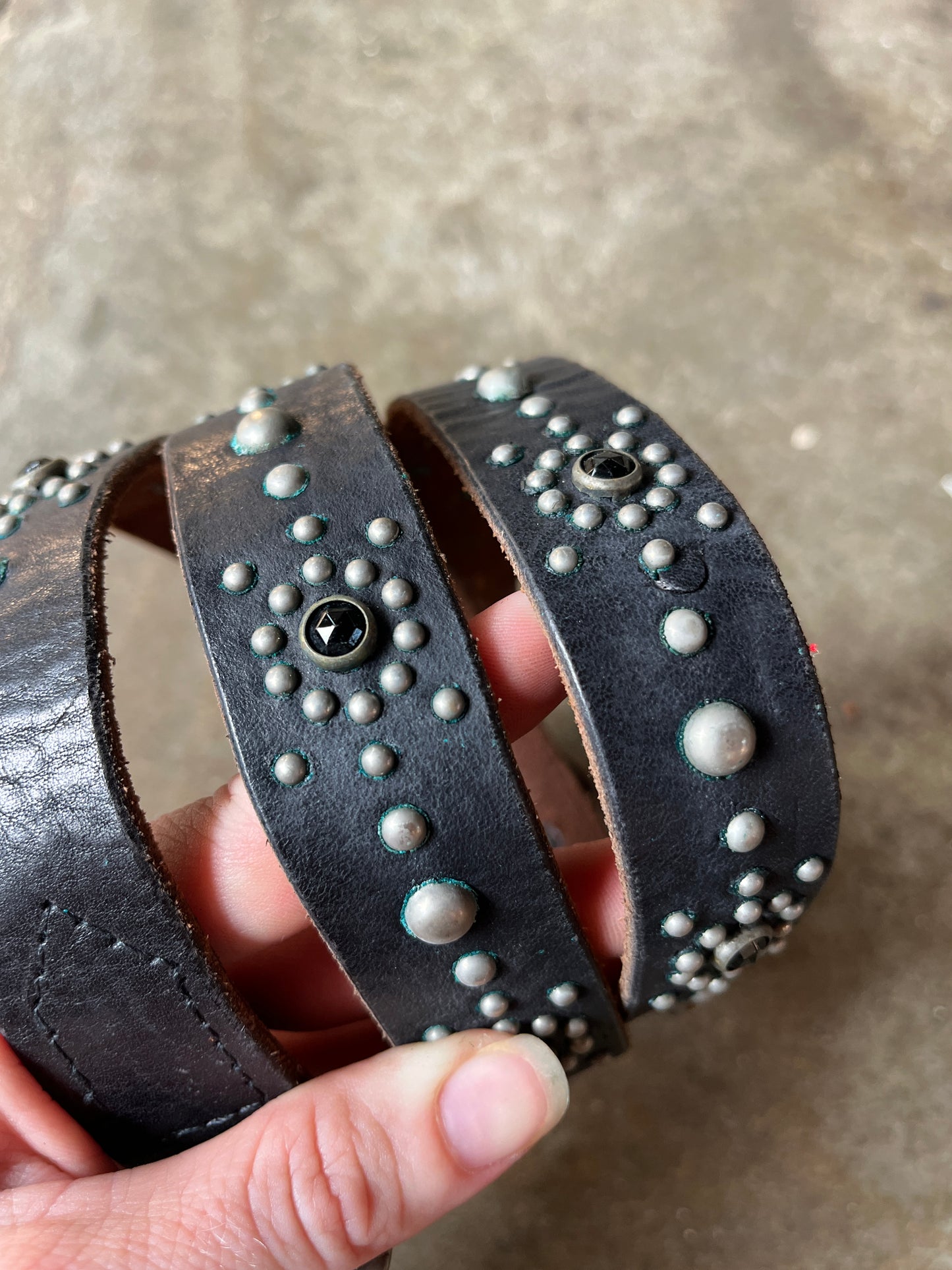 1930s Black Leather Studded and Jeweled Belt