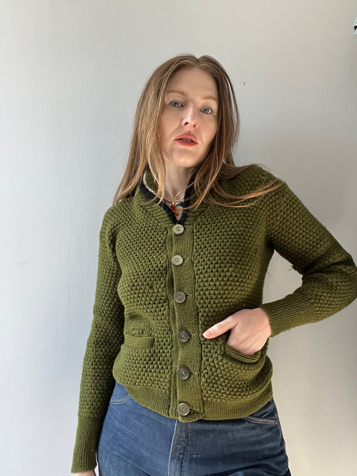 1950s Avocado Green Pennleigh Knit Shawl Sweater S