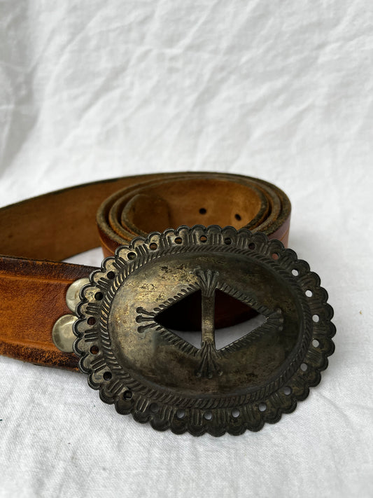 Brown Leather Belt with Double RRL Concho Buckle 29”-36”